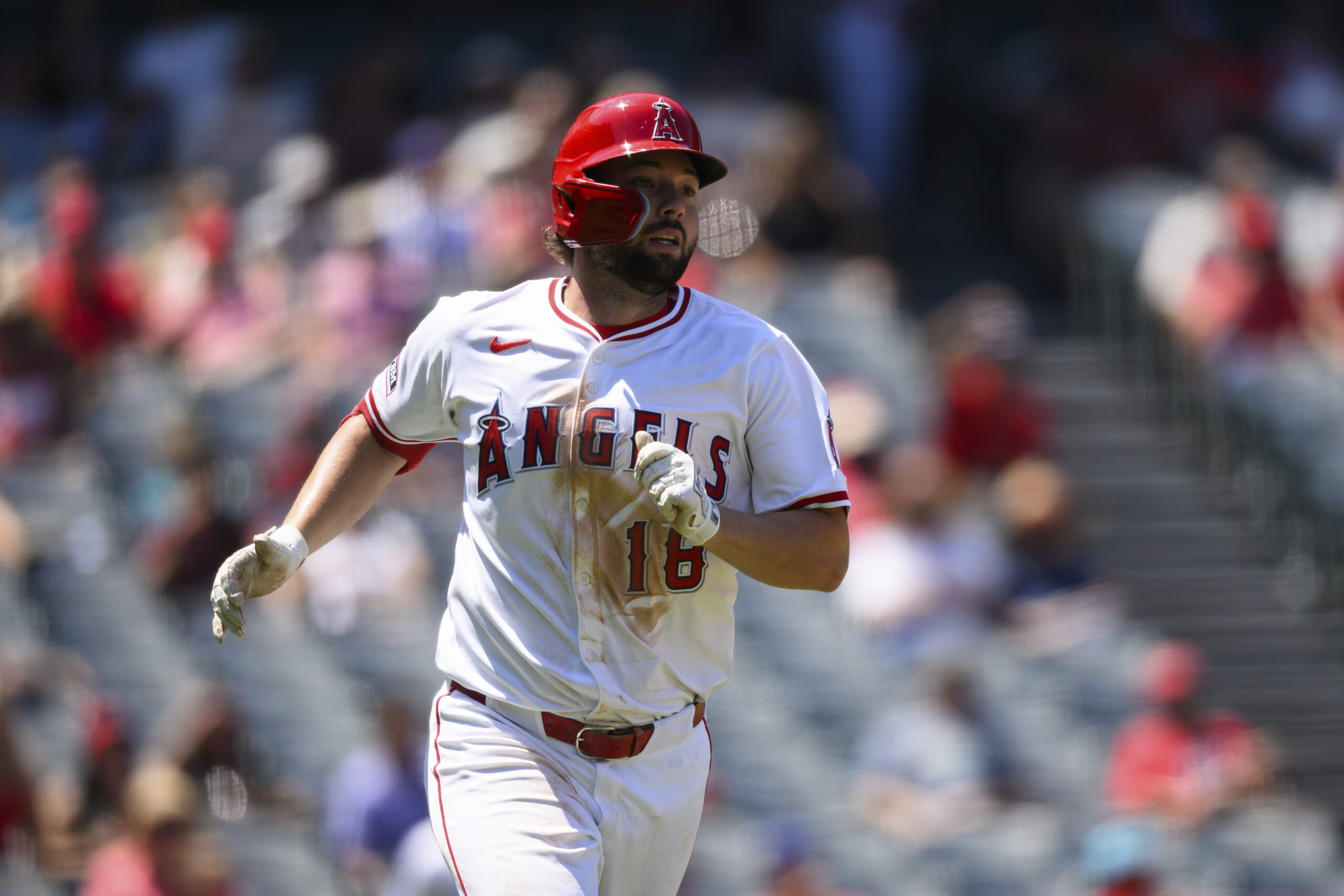 Angels’ Nolan Schanuel runs after hitting a RBI single during...