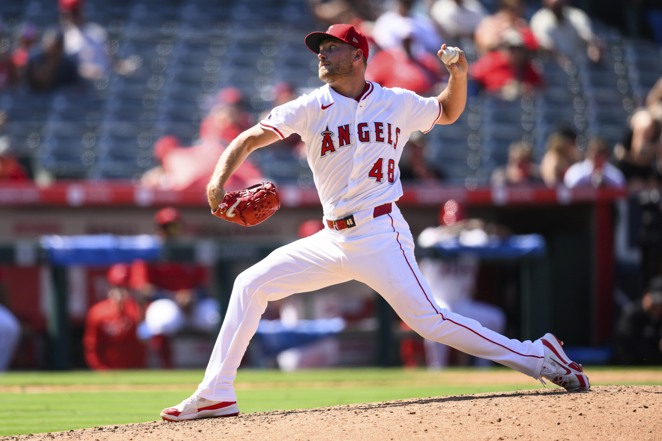 Angels pitcher Reid Detmers delivers during the eighth inning of...