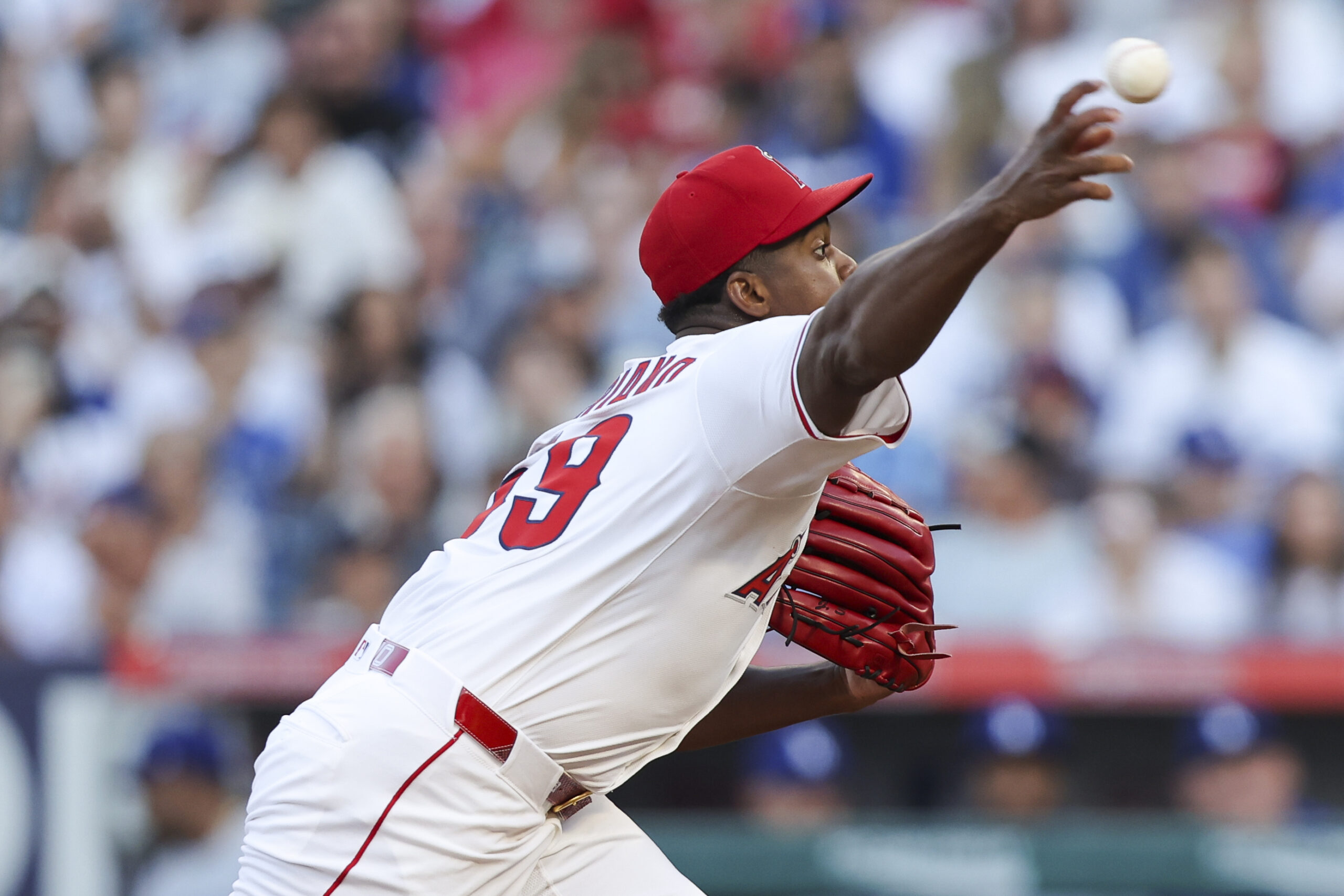 Angels starting pitcher José Soriano throws to the plate during...