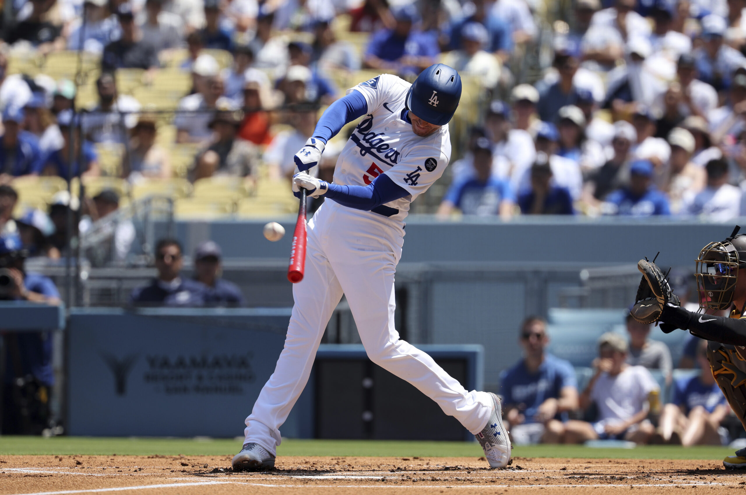 The Dodgers’ Freddie Freeman hits a three-run home run off...