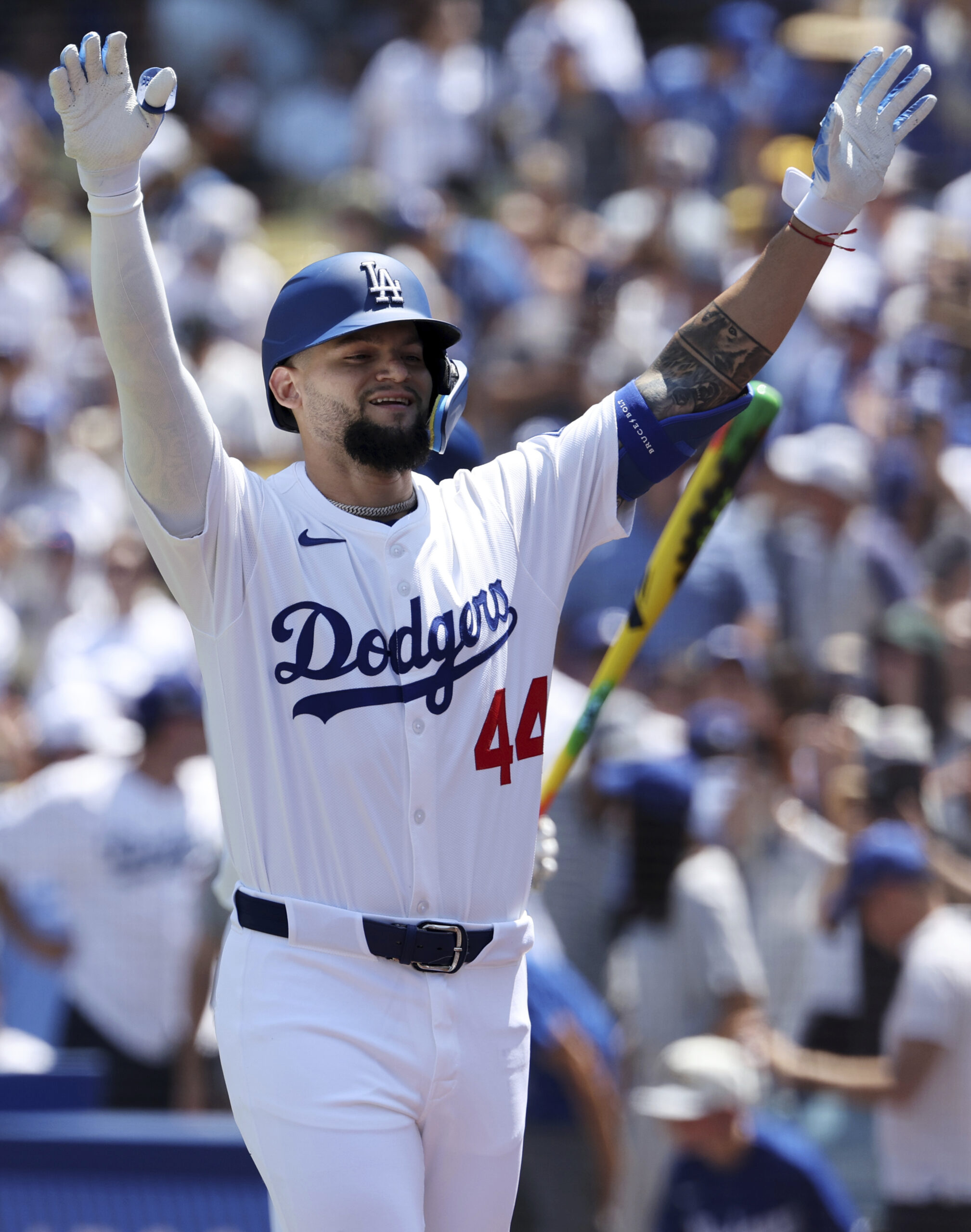 The Dodgers’ Andy Pages celebrates after hitting a solo home...