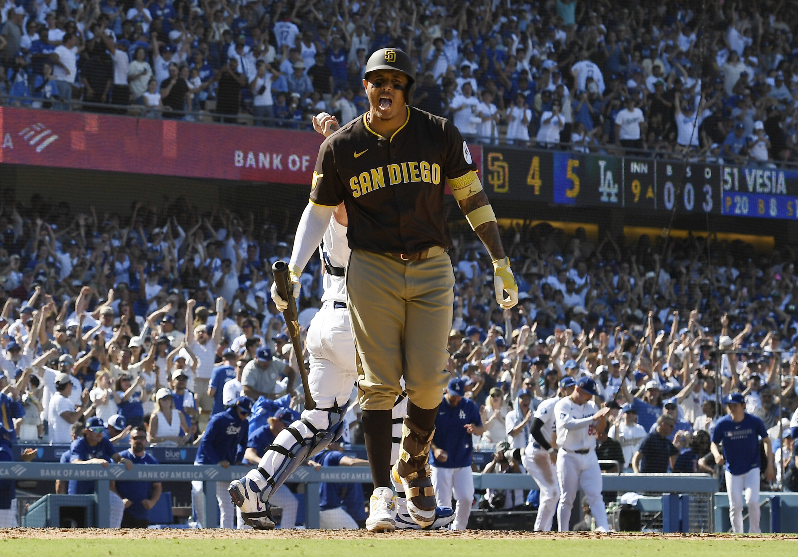 San Diego Padres star Manny Machado reacts after striking out...