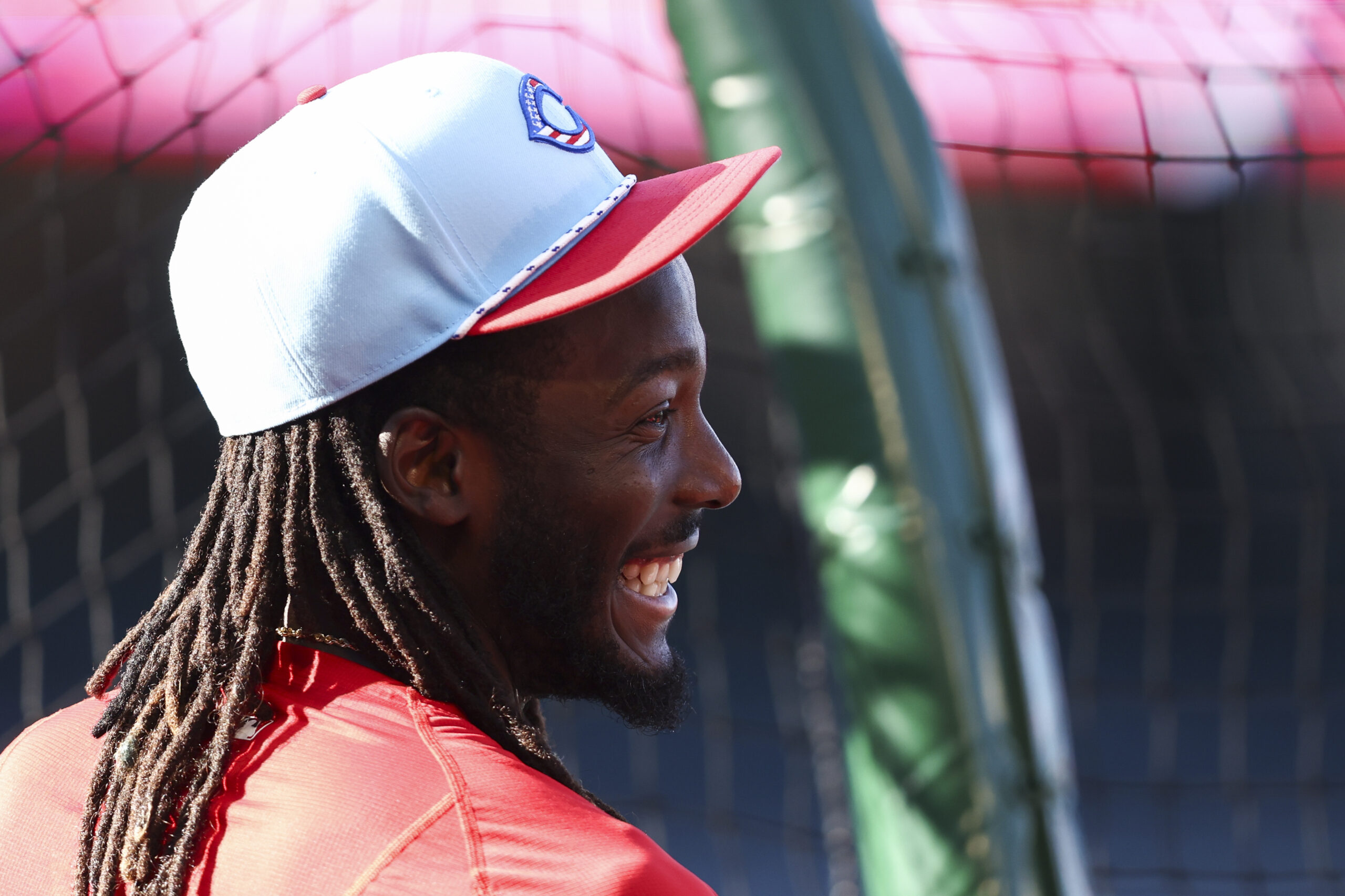 Cincinnati Reds star Elly De La Cruz reacts during batting...