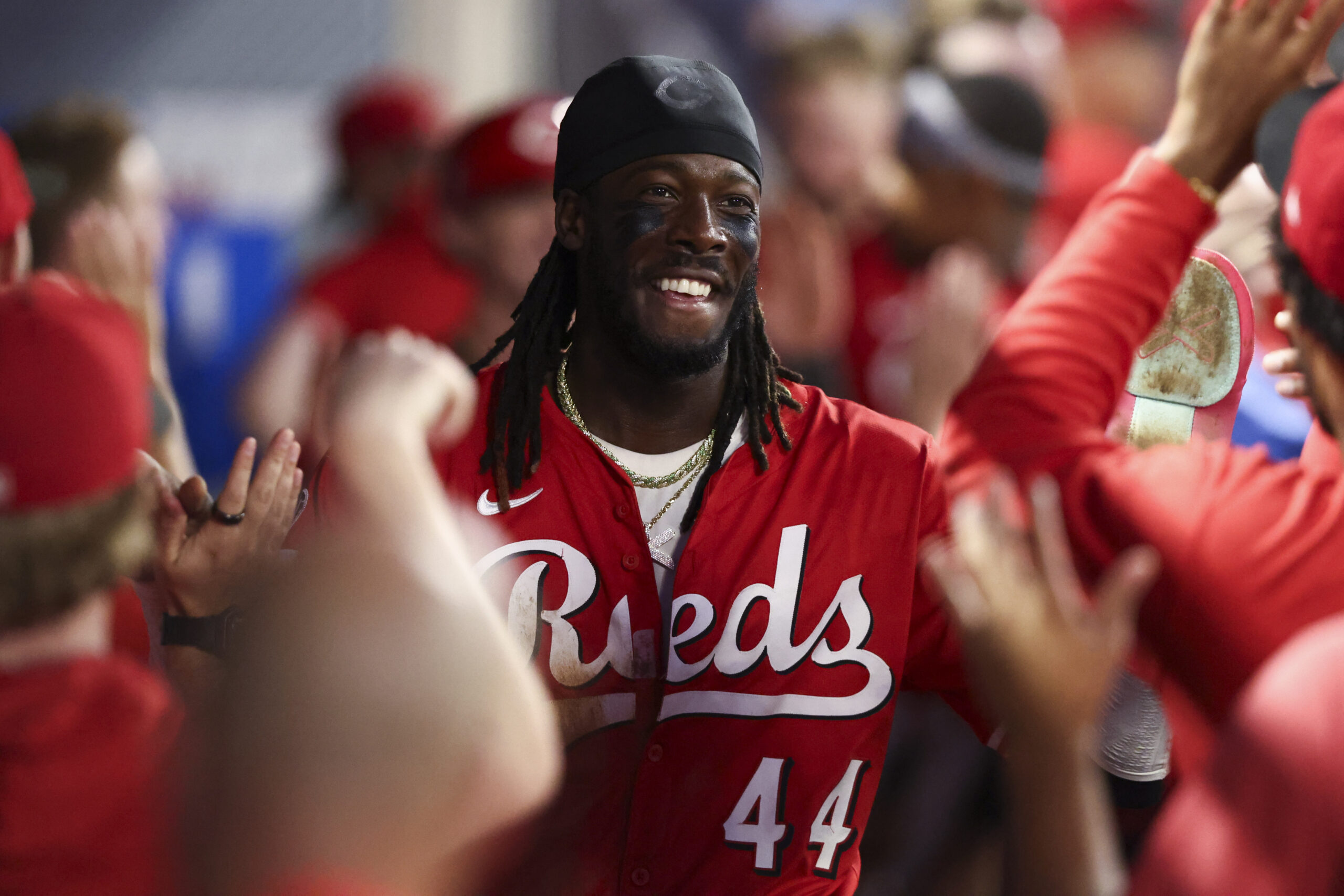 The Cincinnati Reds’ Elly De La Cruz celebrates in the...