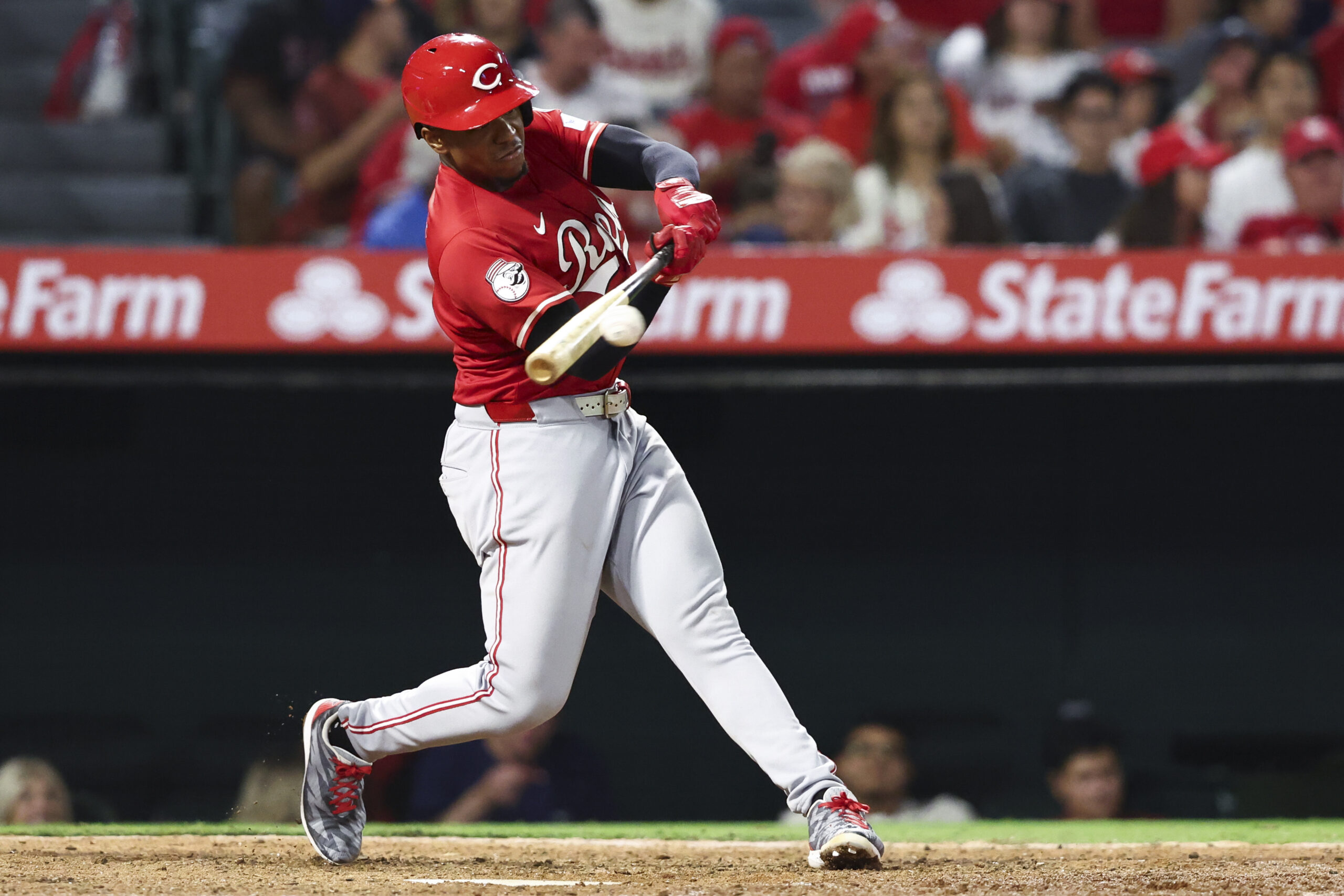 Cincinnati Reds’ Ke’Bryan Hayes hits a triple during the eighth...