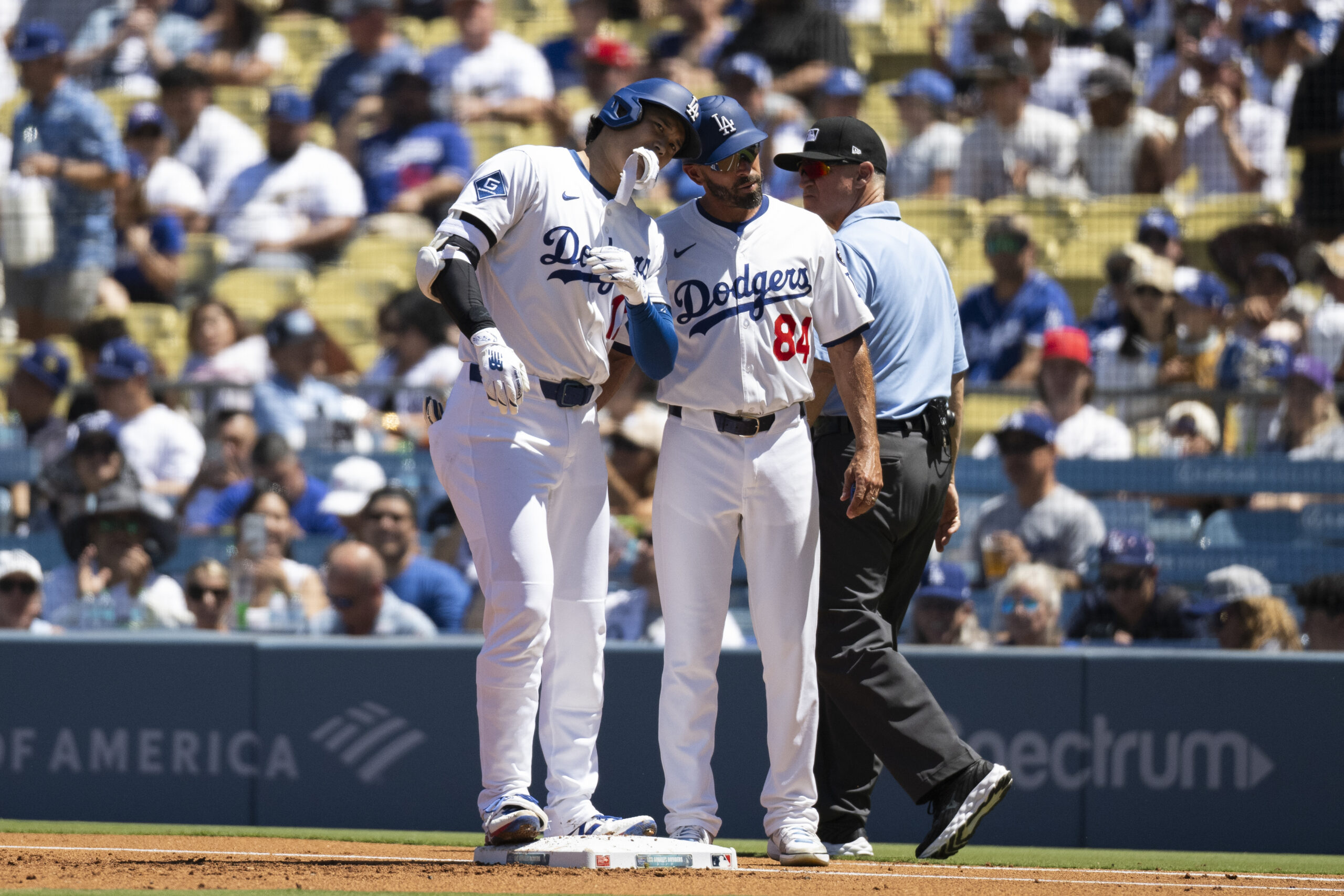 Dodgers’ Shohei Ohtani, left, bumps his helmet with first base...