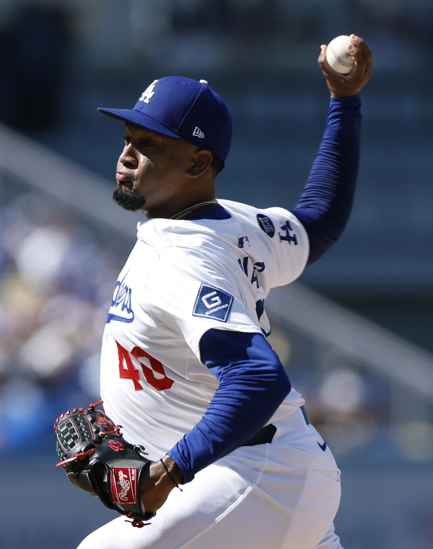 Alexis Díaz of the Dodgers pitches in relief during the...