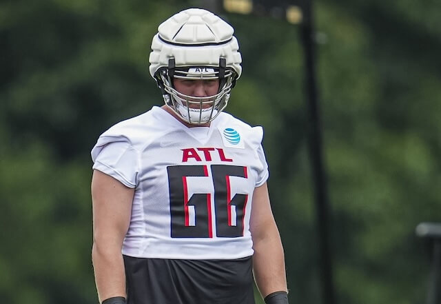 Jul 25, 2024; Buford, GA, USA; Atlanta Falcons offensive tackle John Leglue (66) on the field on the first day of training camp at Falcons Training Camp. Mandatory Credit: Dale Zanine-USA TODAY Sports John Leglue, Falcons, Rams