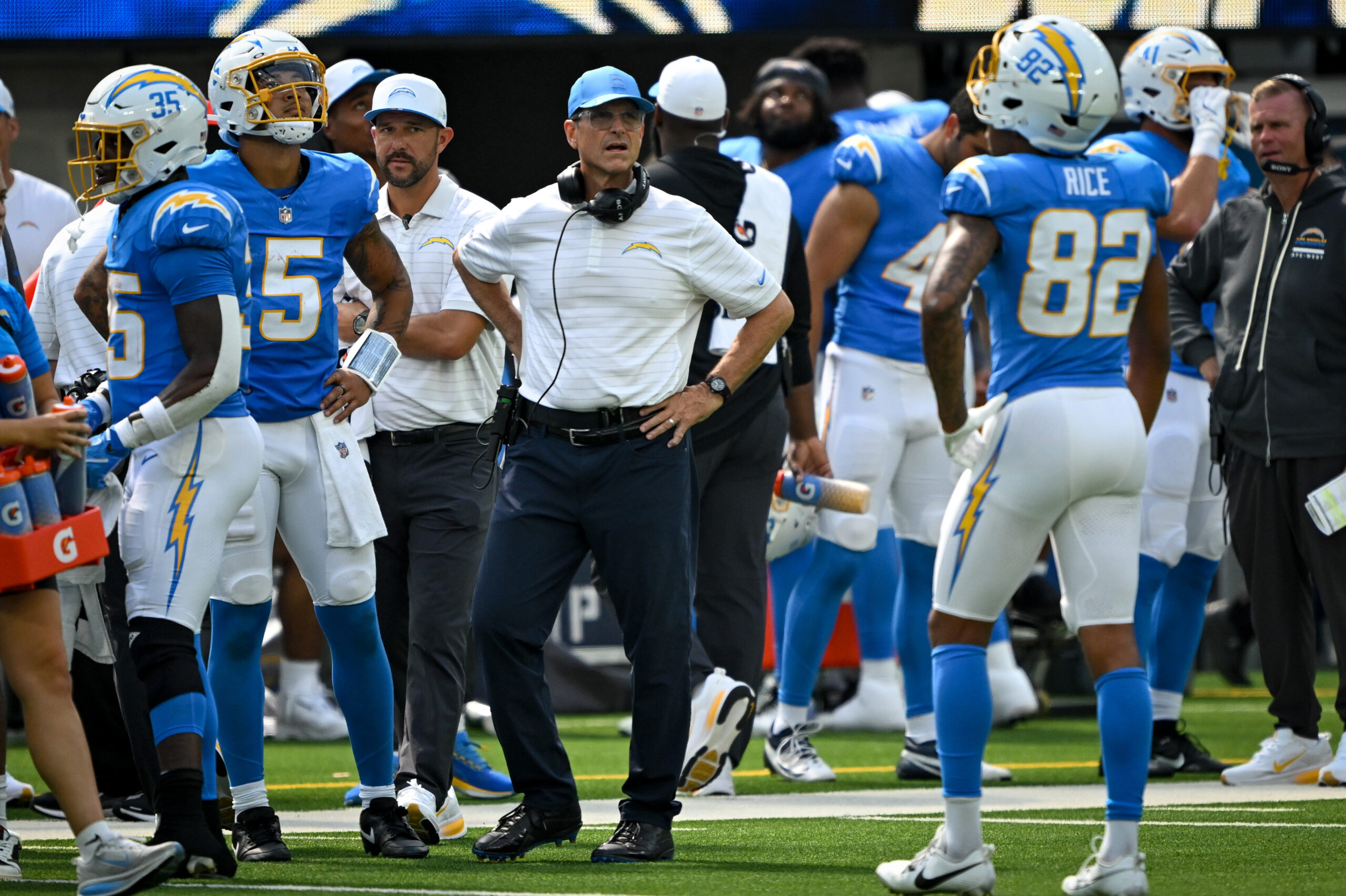 The Chargers head coach Jim Harbaugh during third quarter action...
