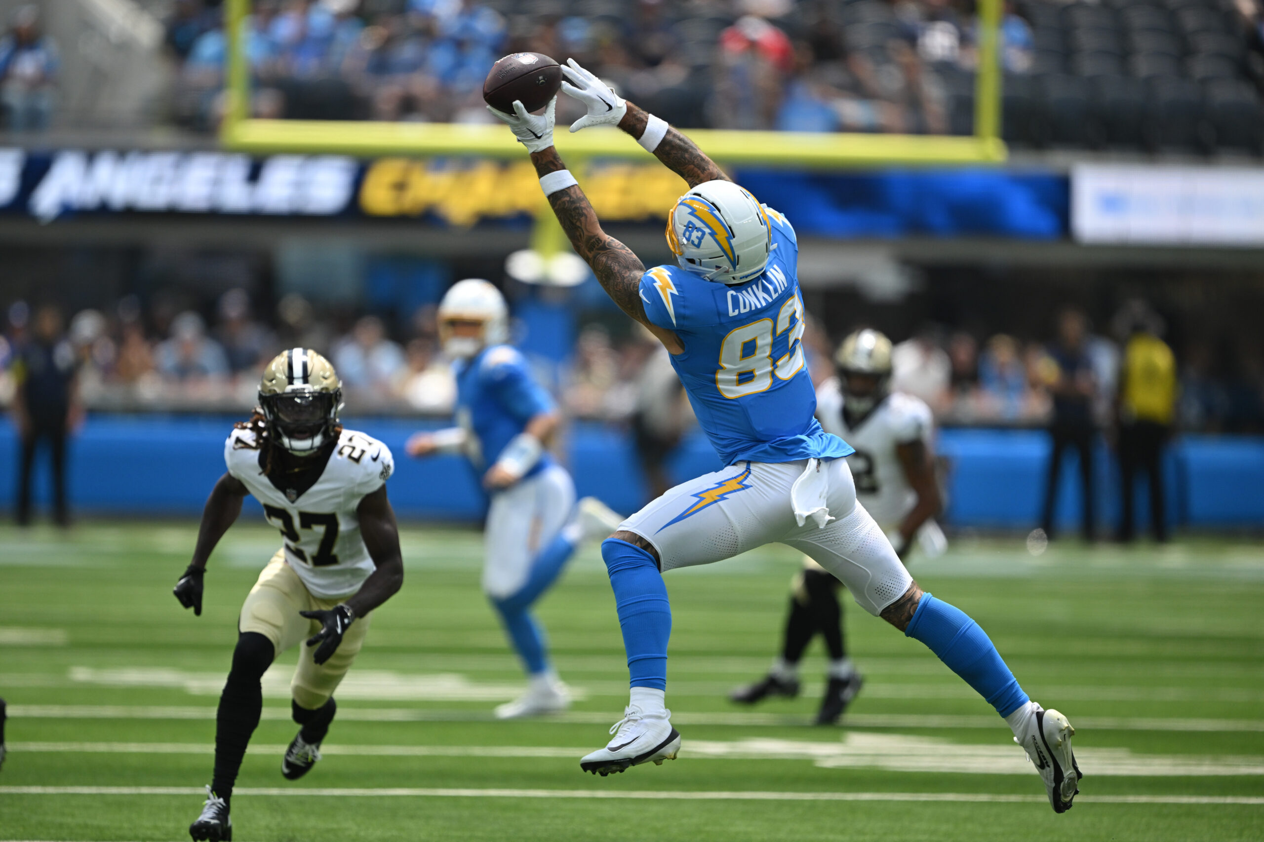 The Chargers Tyler Conklin, #83, couldn’t hold on to this...