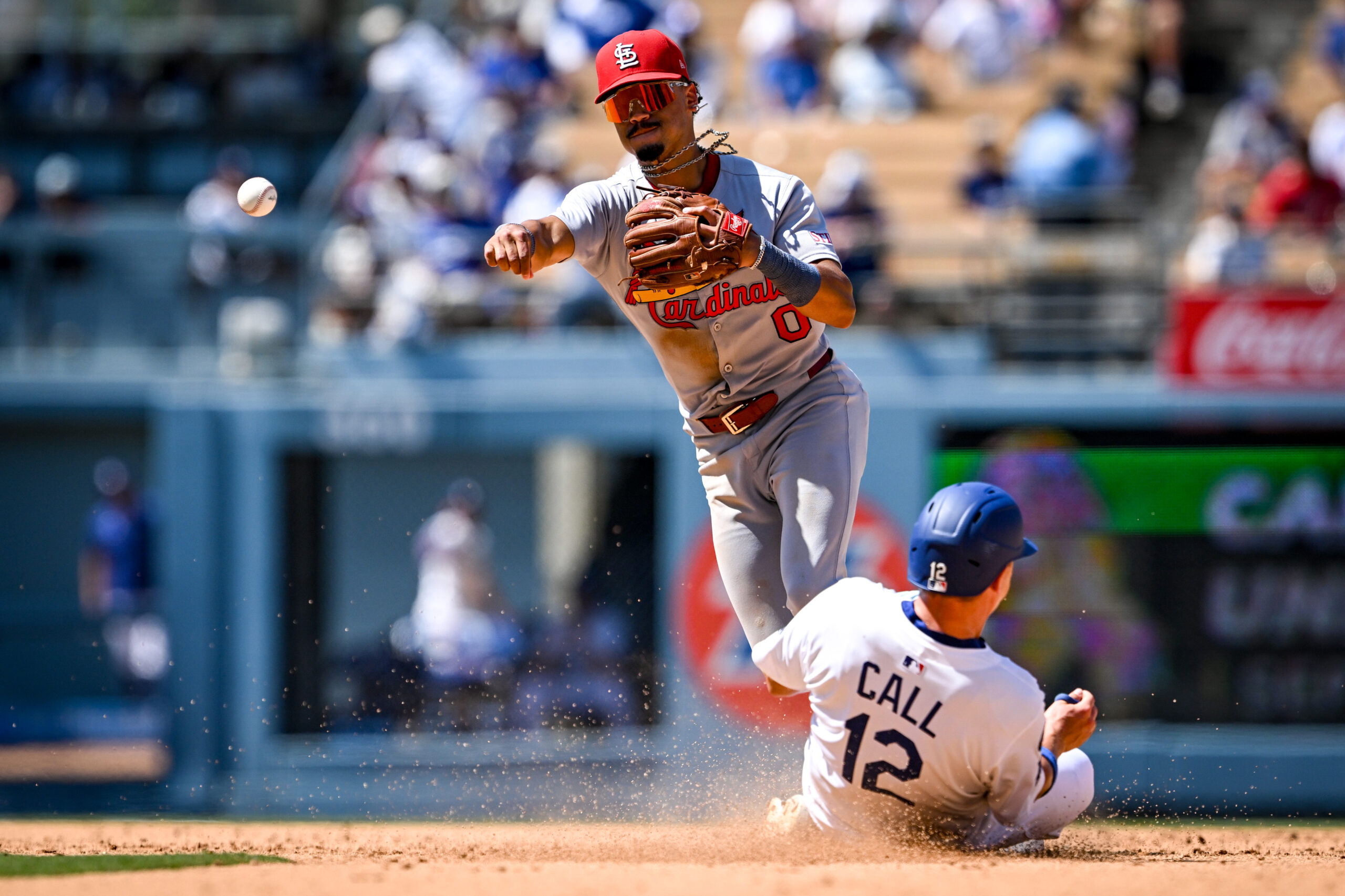 Cardinals Masyn Winn, #0, completes a double play as Dodgers...