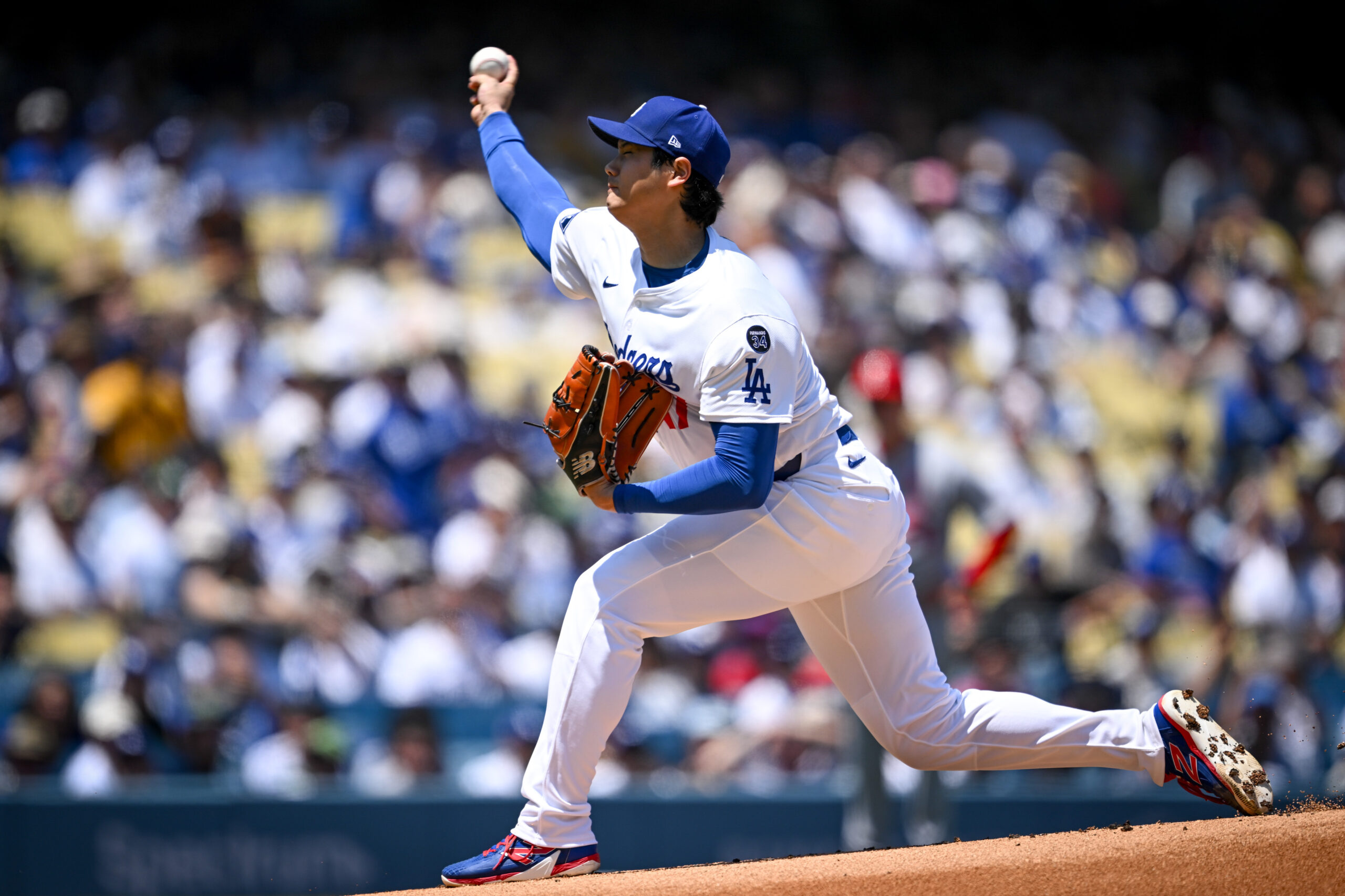 Dodgers Shohei Ohtani, #17, started and pitched four innings against...