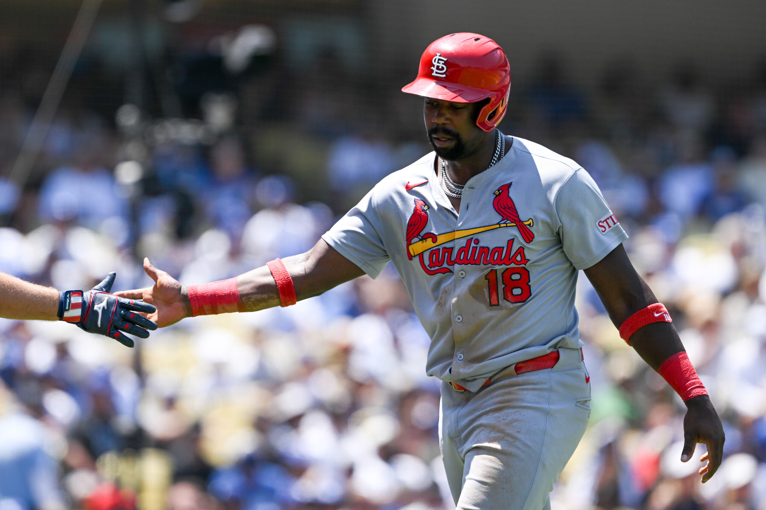 Cardinals Jordan Walker, #18, scores during 3rd inning action against...