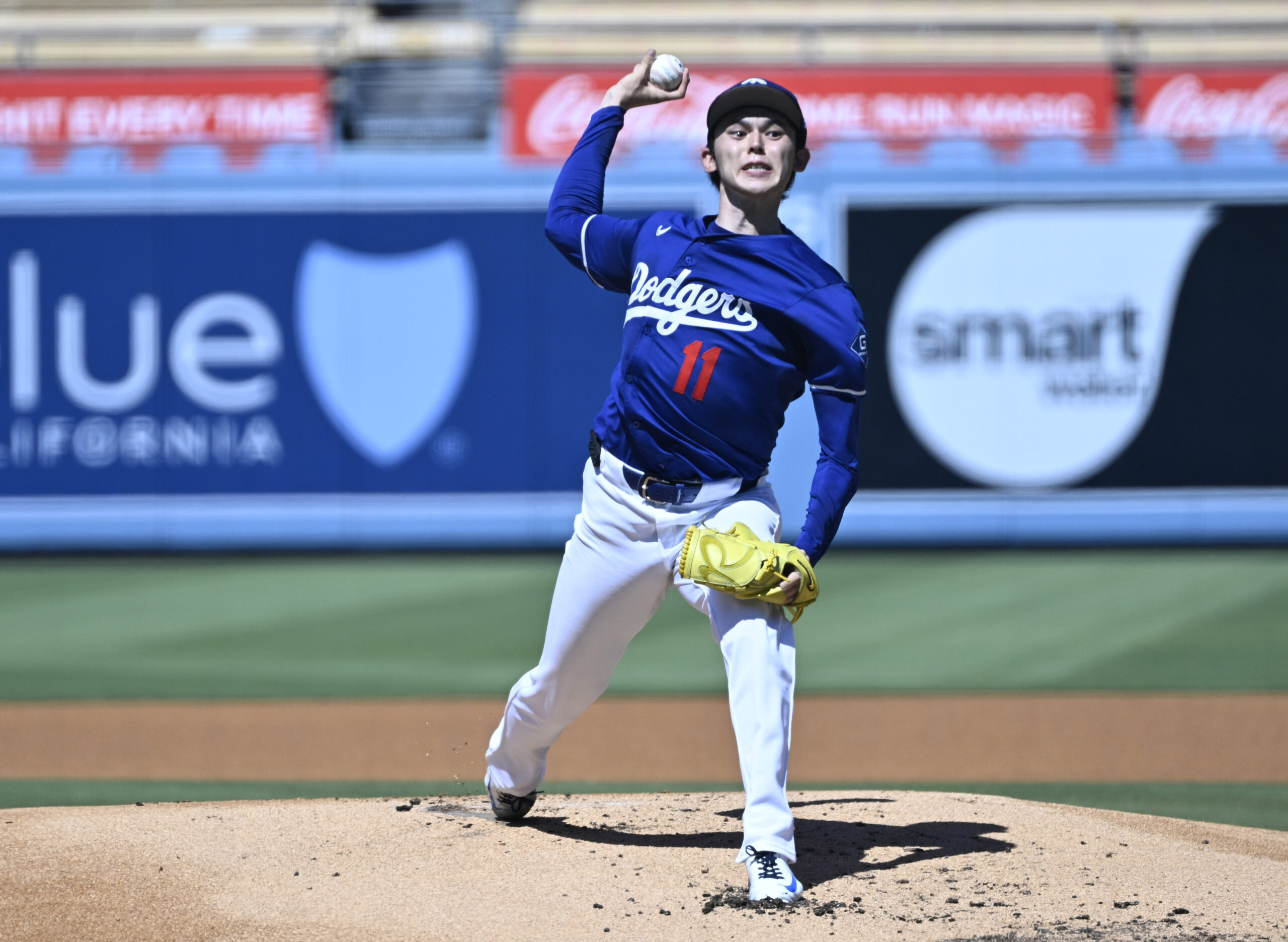 Roki Sasaki #11 of the Dodgers throws live batting practice...