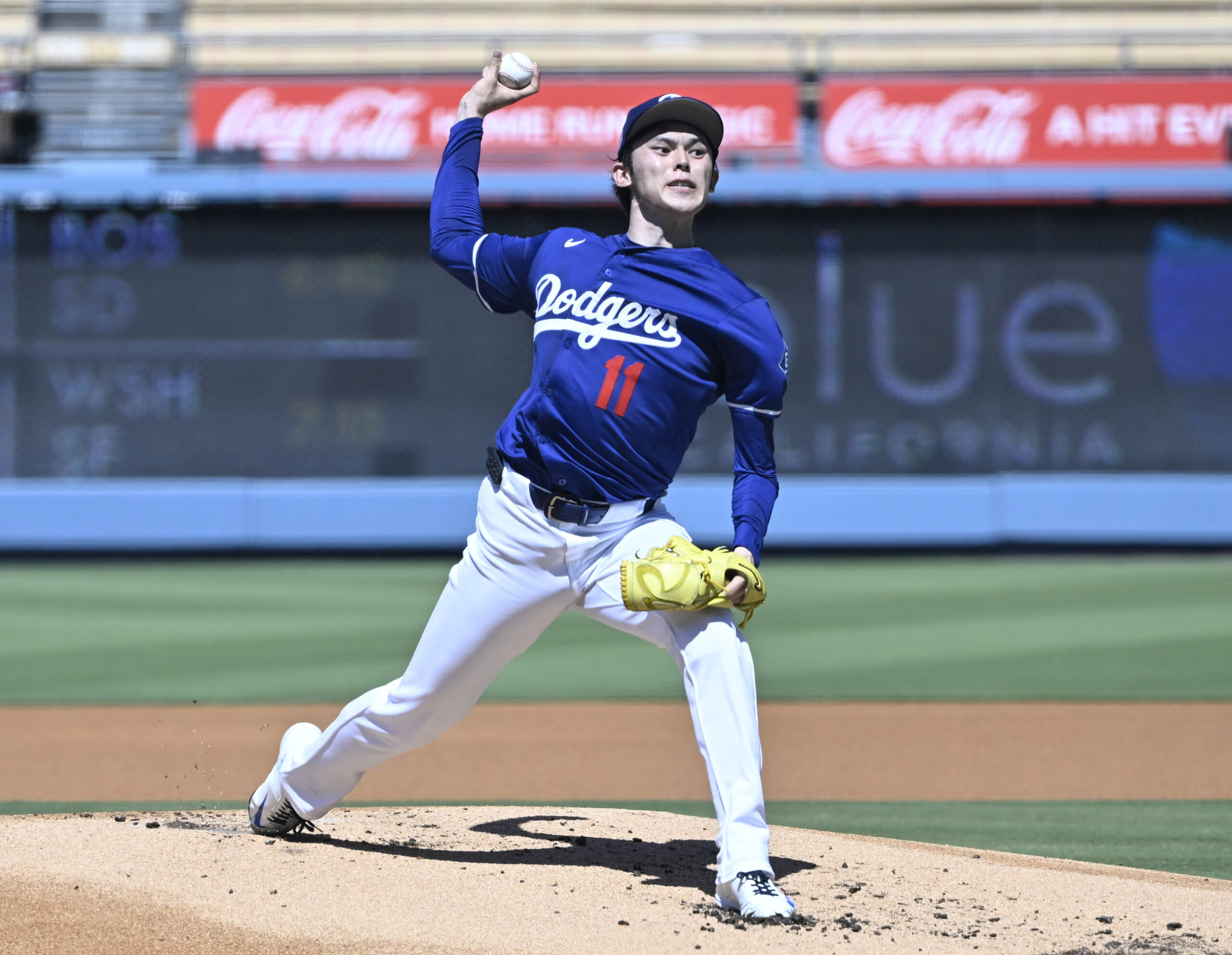 Roki Sasaki #11 of the Dodgers throws live batting practice...