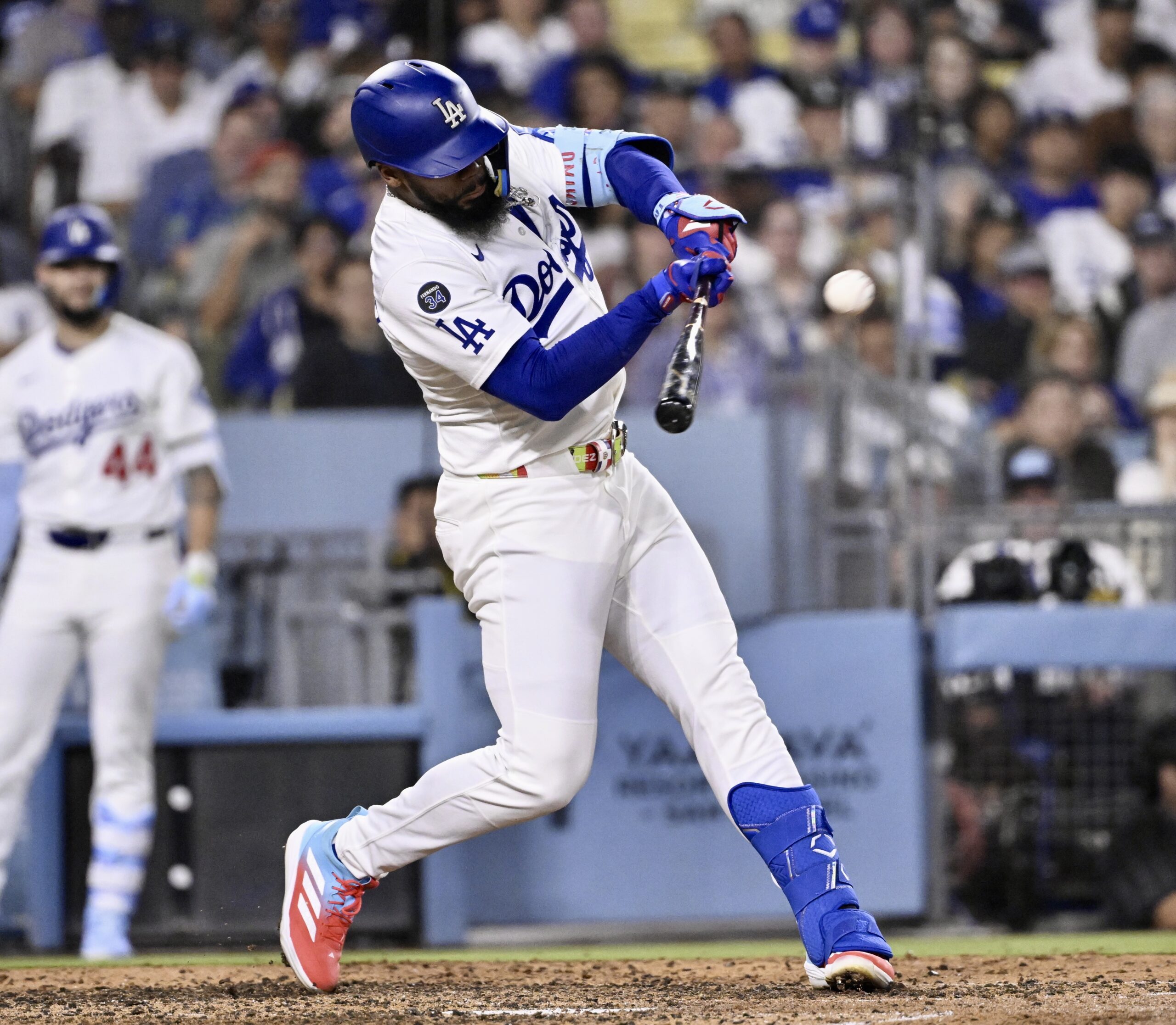 The Dodgers’ Teoscar Hernández hits a solo home run during...