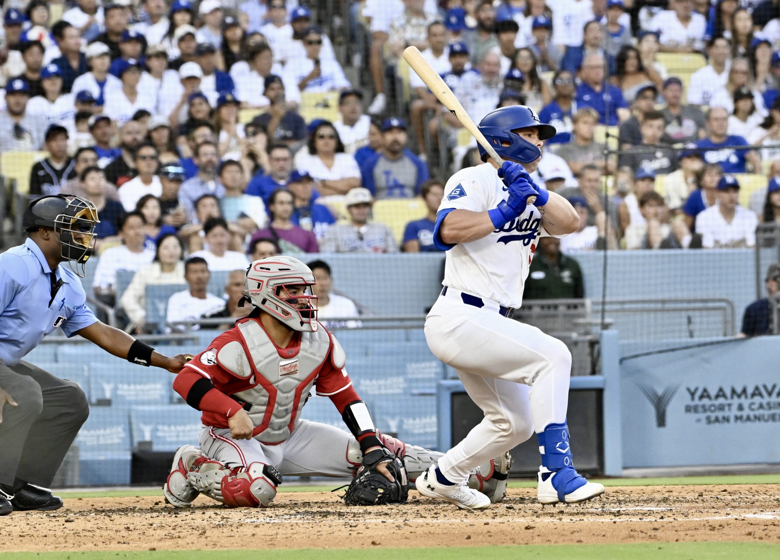 The Dodgers’ Dalton Rushing hits a two-run single during the...