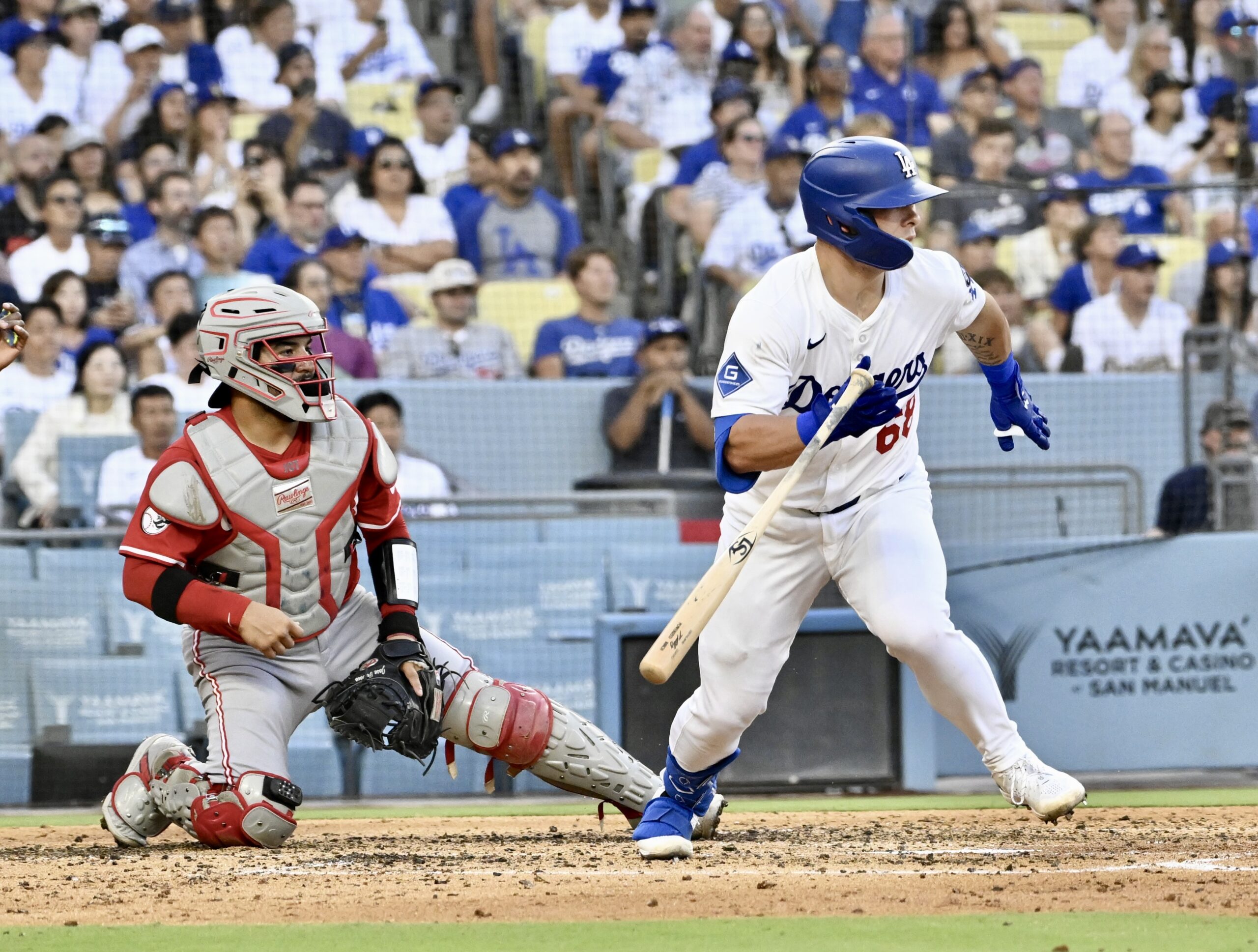 The Dodgers’ Dalton Rushing begins to run after hitting a...