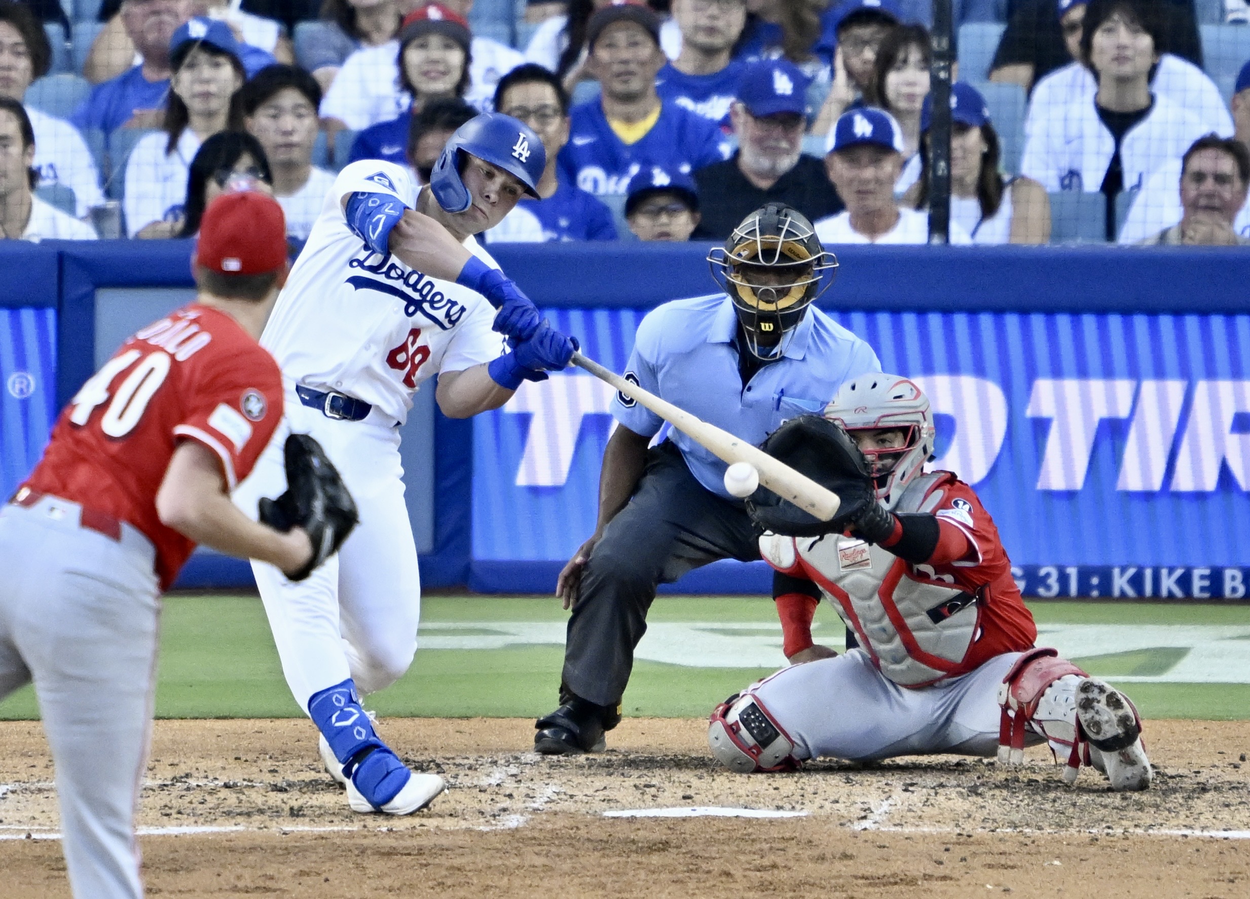 The Dodgers’ Dalton Rushing hits a two-run single during the...