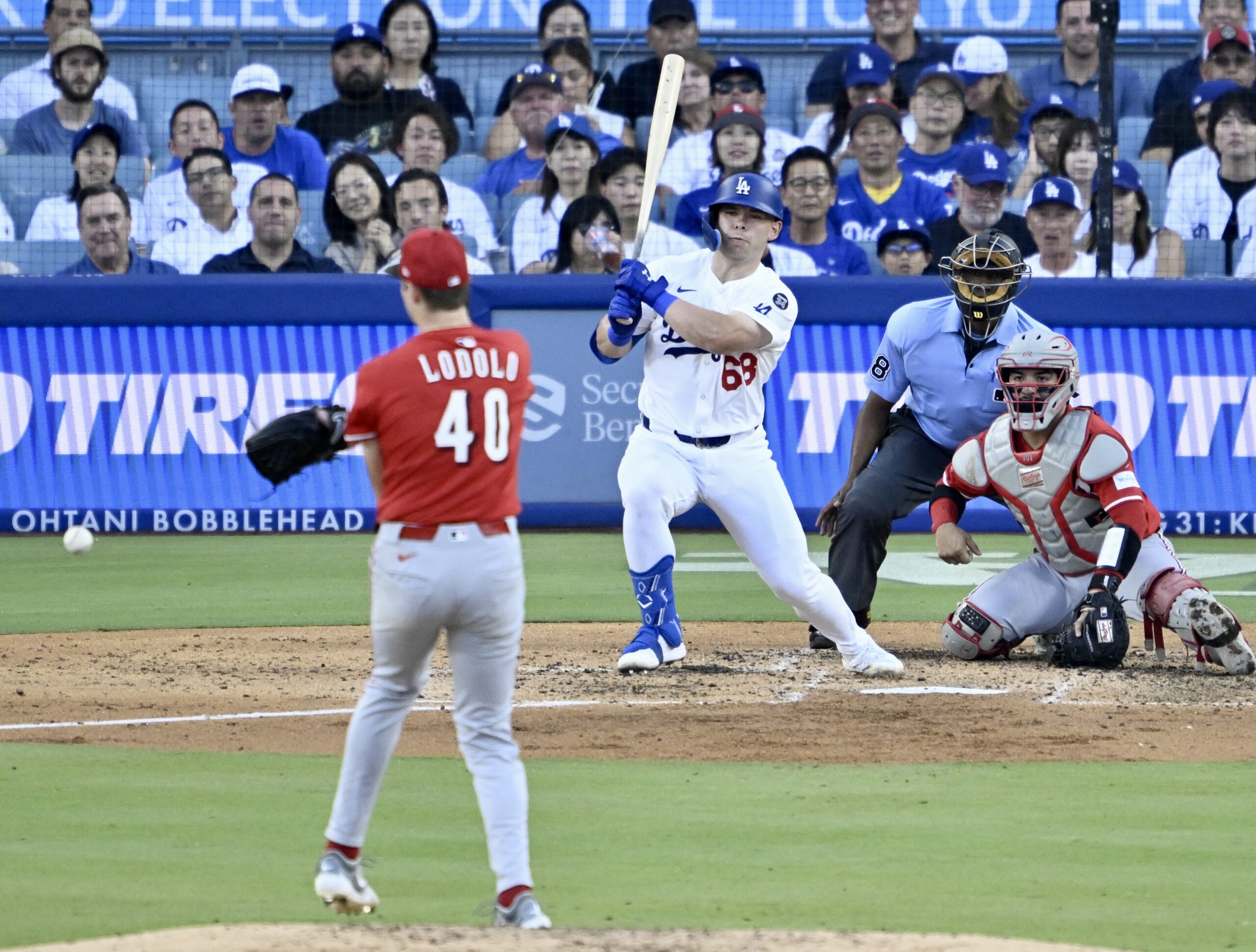 The Dodgers’ Dalton Rushing hits a two-run single during the...