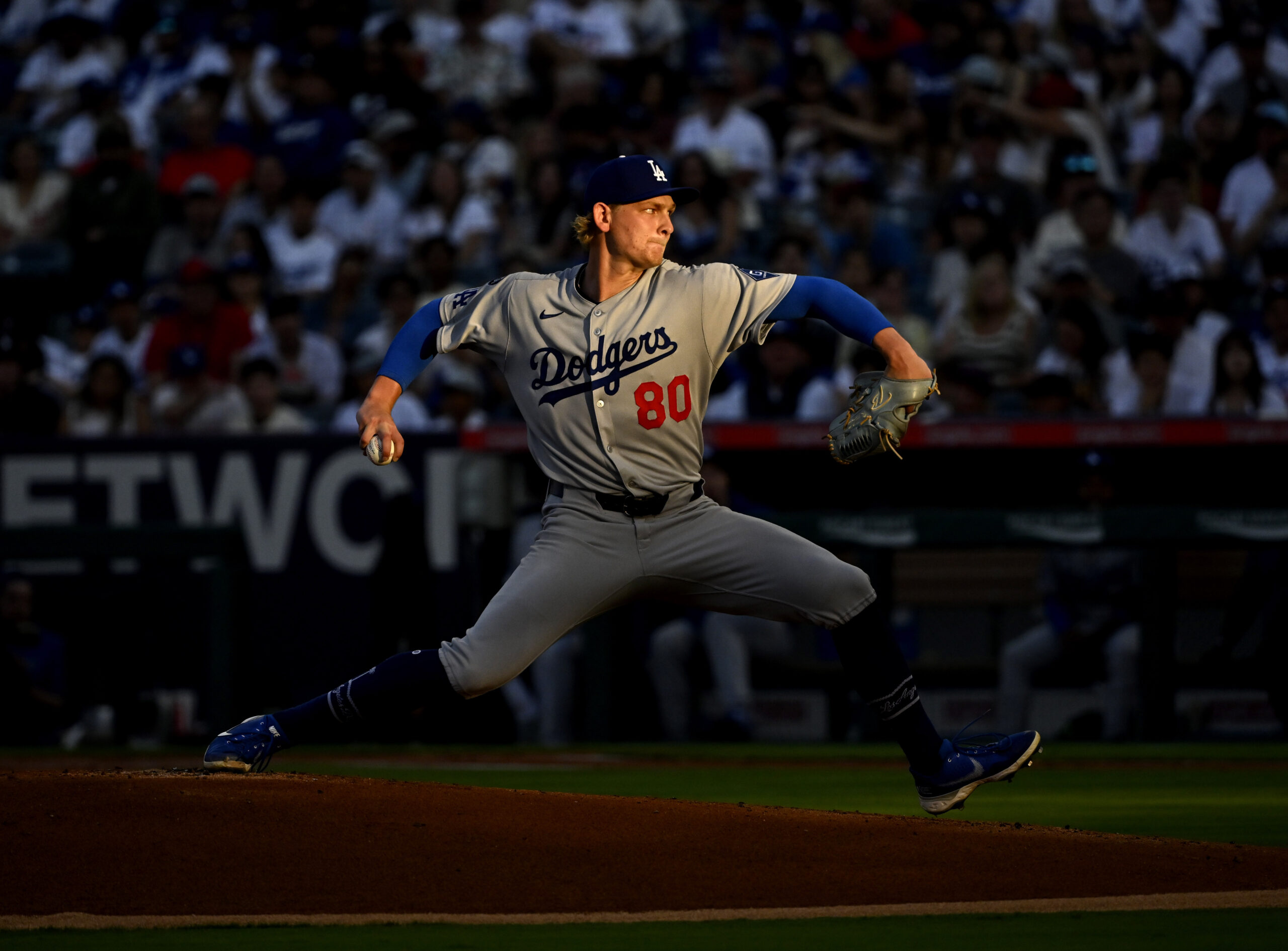 Dodgers starting pitcher Emmet Sheehan throws to the plate during...