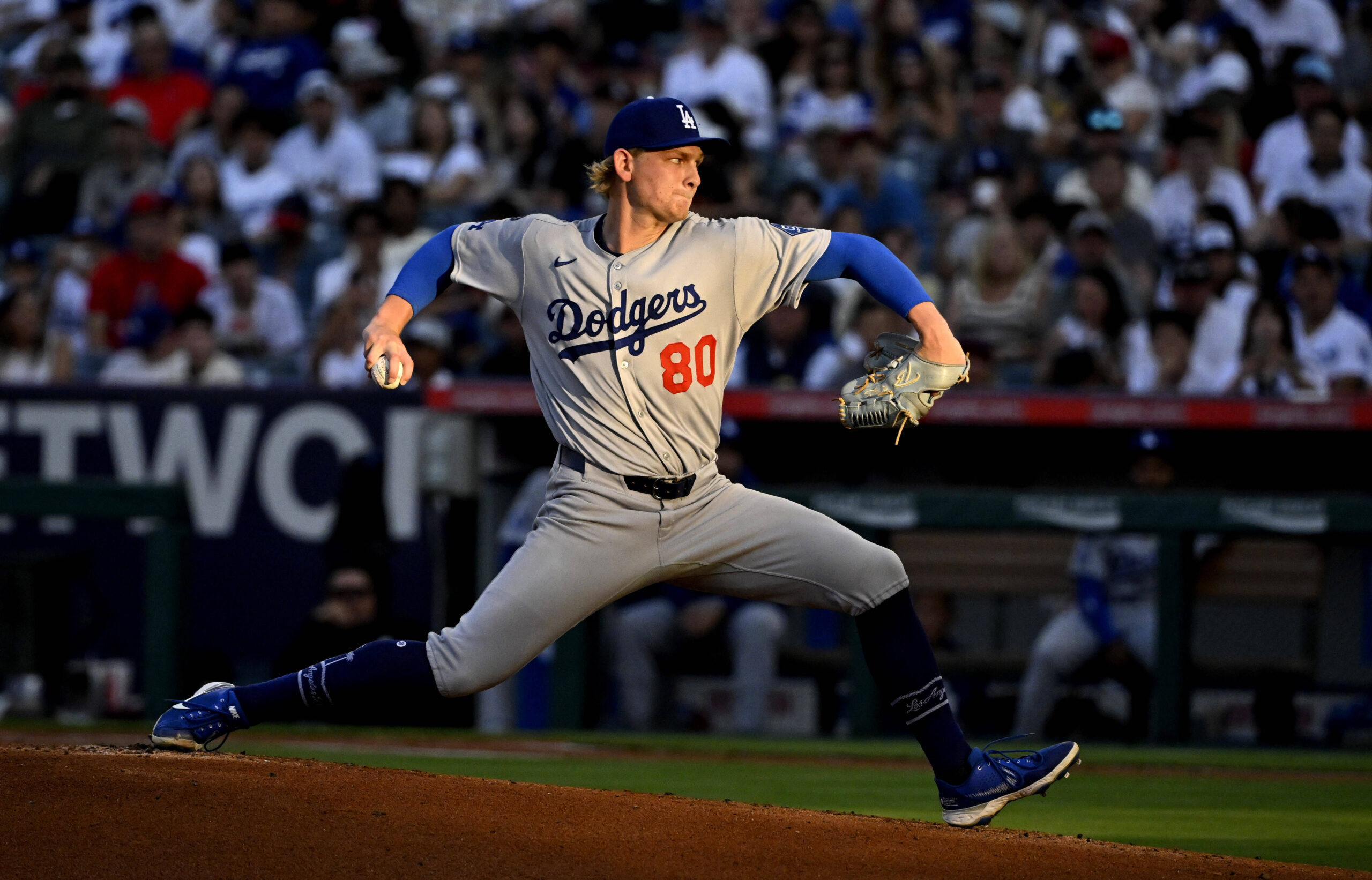 Dodgers starting pitcher Emmet Sheehan throws to the plate during...
