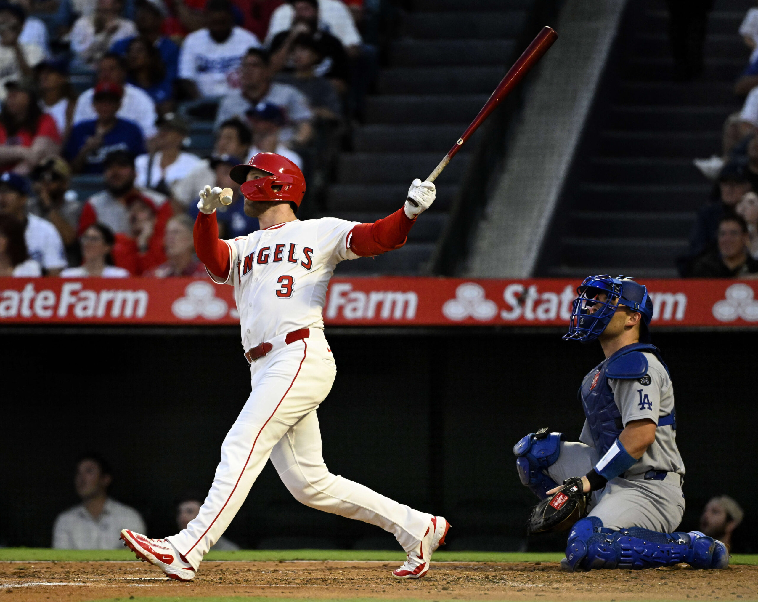 The Angels’ Taylor Ward hits a solo home run during...