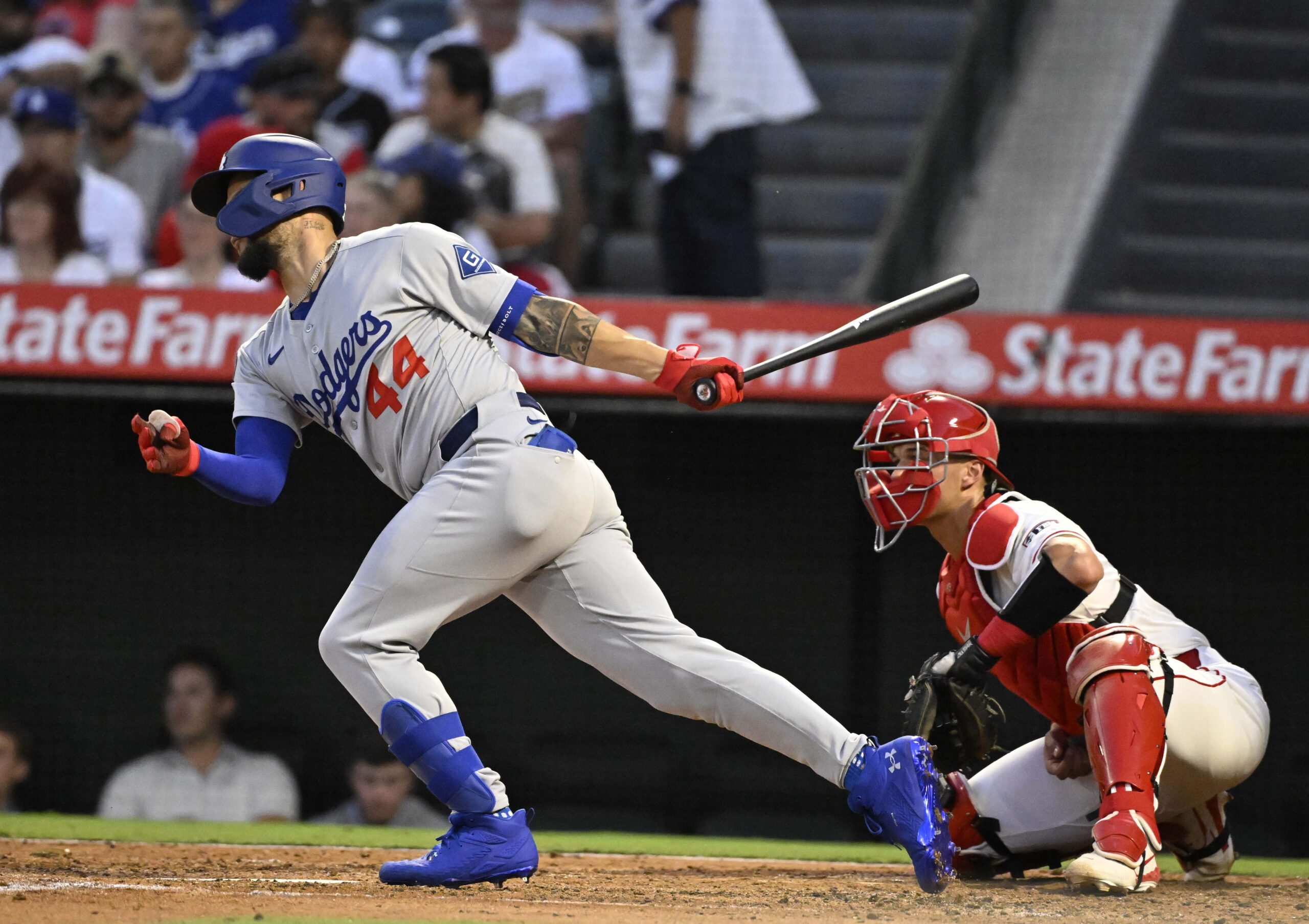 The Dodgers’ Andy Pages hits a single during the fourth...
