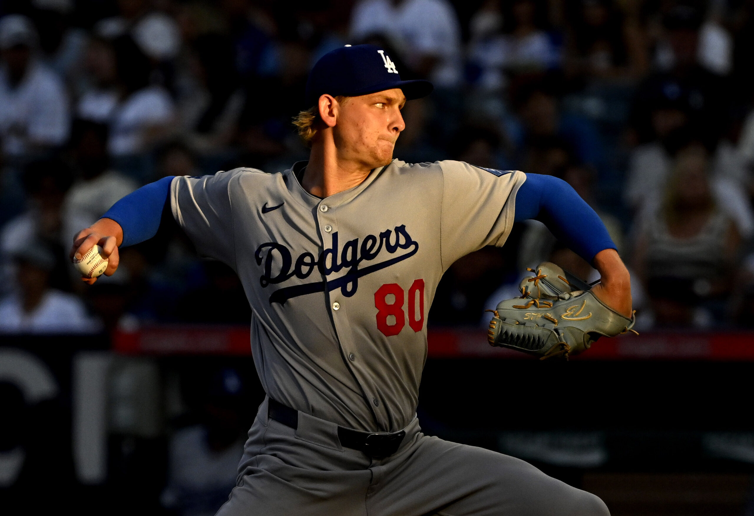 Dodgers starting pitcher Emmet Sheehan throws to the plate during...