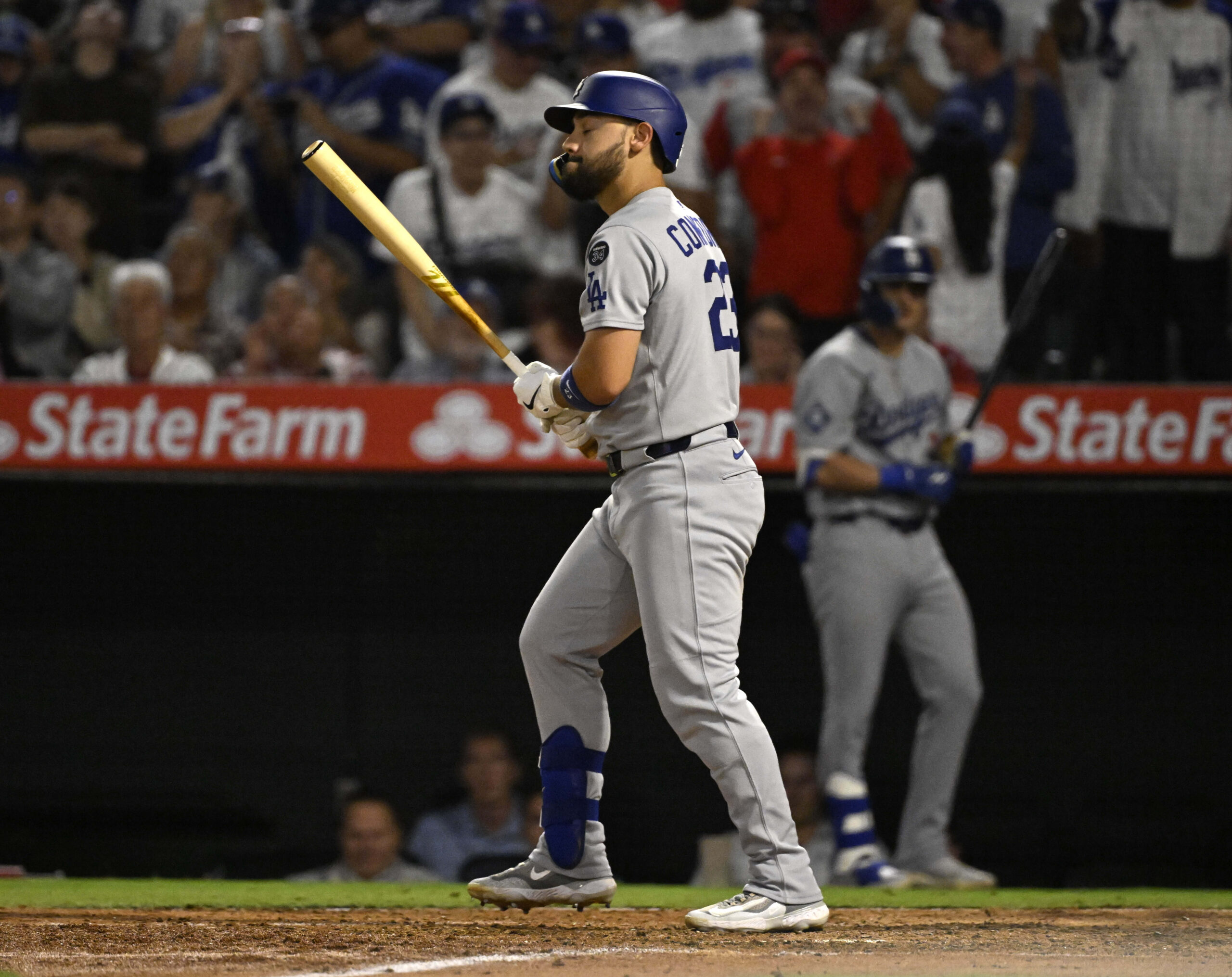 The Dodgers’ Michael Conforto strikes out swinging with the bases...