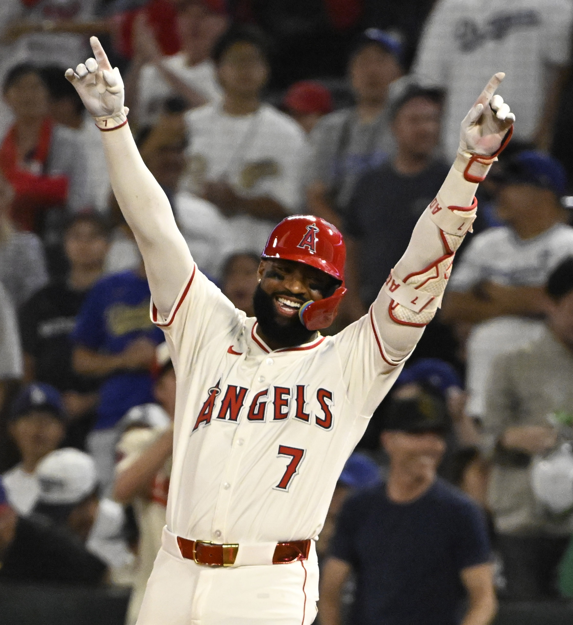 The Angels’ Jo Adell celebrates after hitting a walk-off RBI...