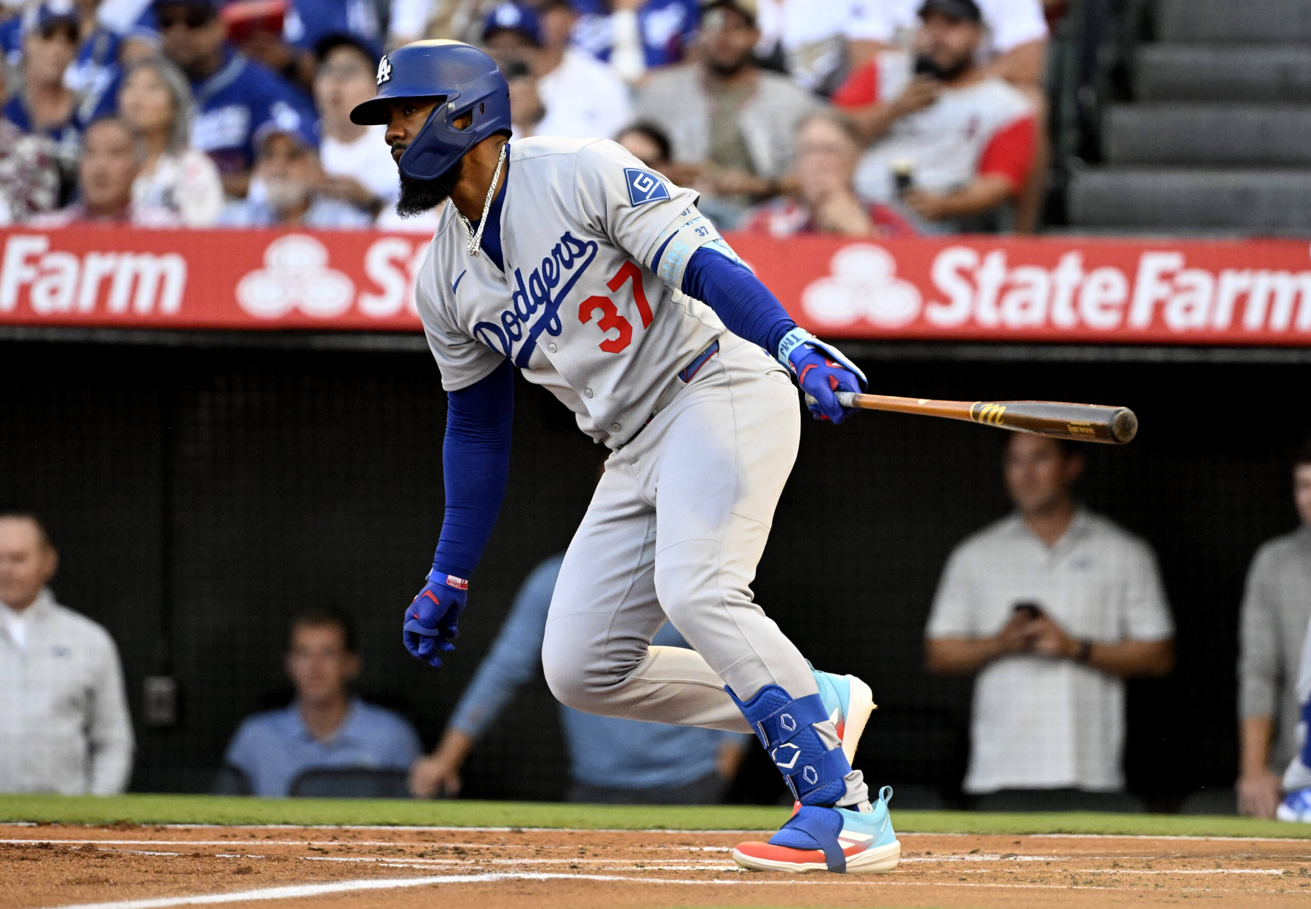 The Dodgers’ Teoscar Hernández hits an RBI single during the...