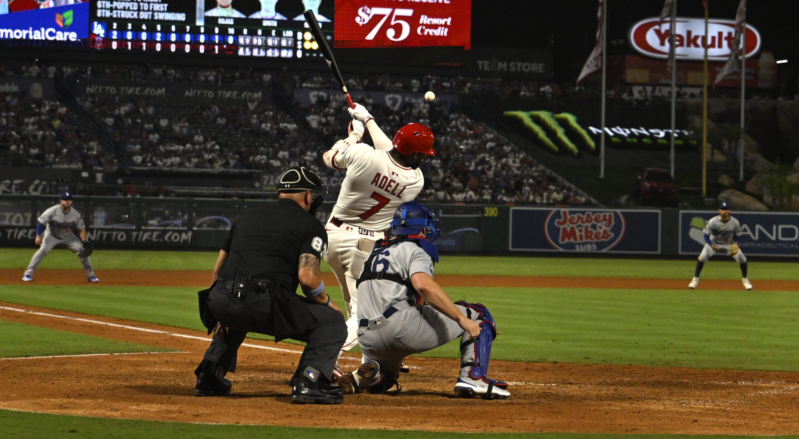 The Angels’ Jo Adell hits a walk-off RBI single to...