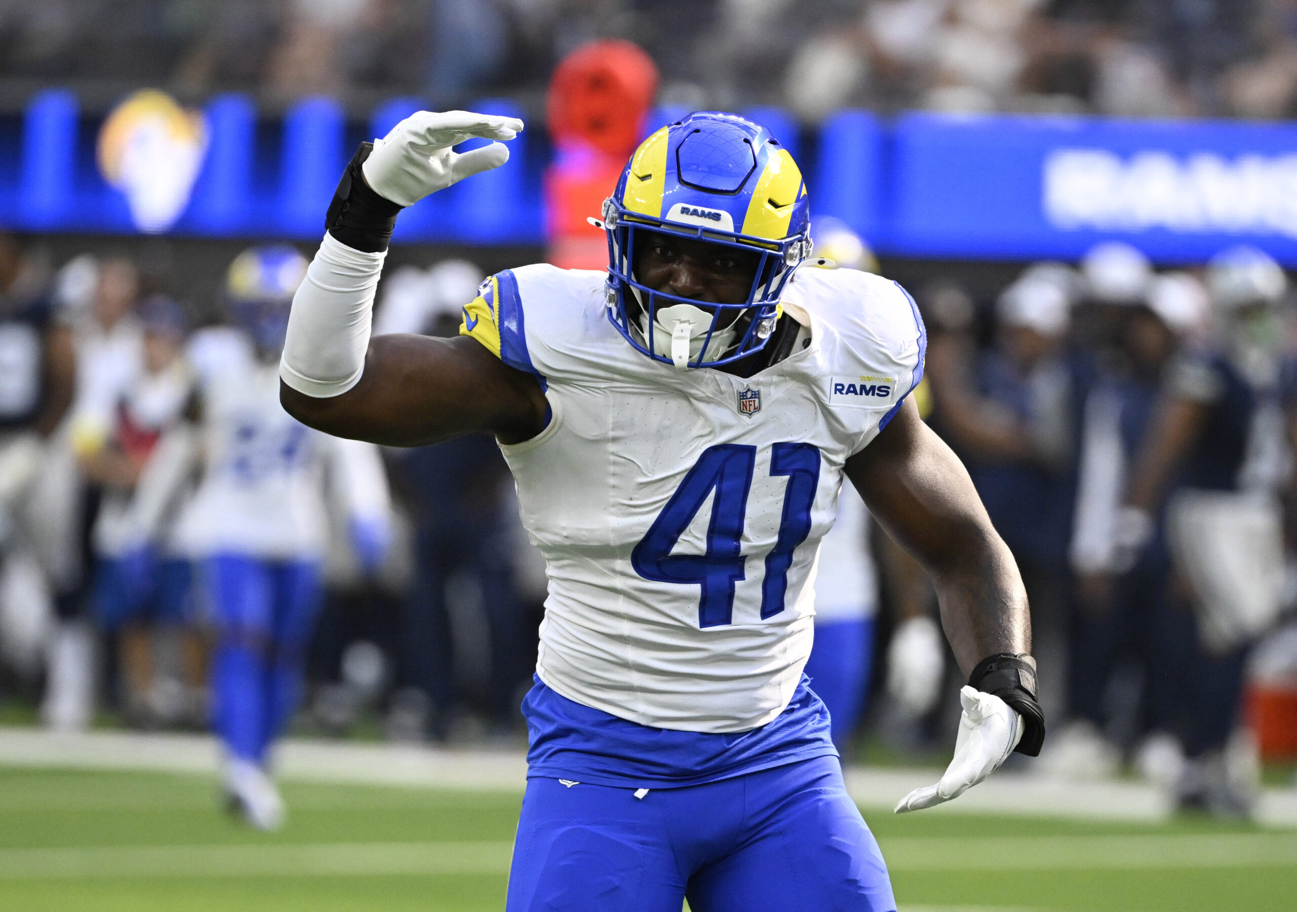 Linebacker Josaiah Stewart #41 of the Rams reacts after sacking...