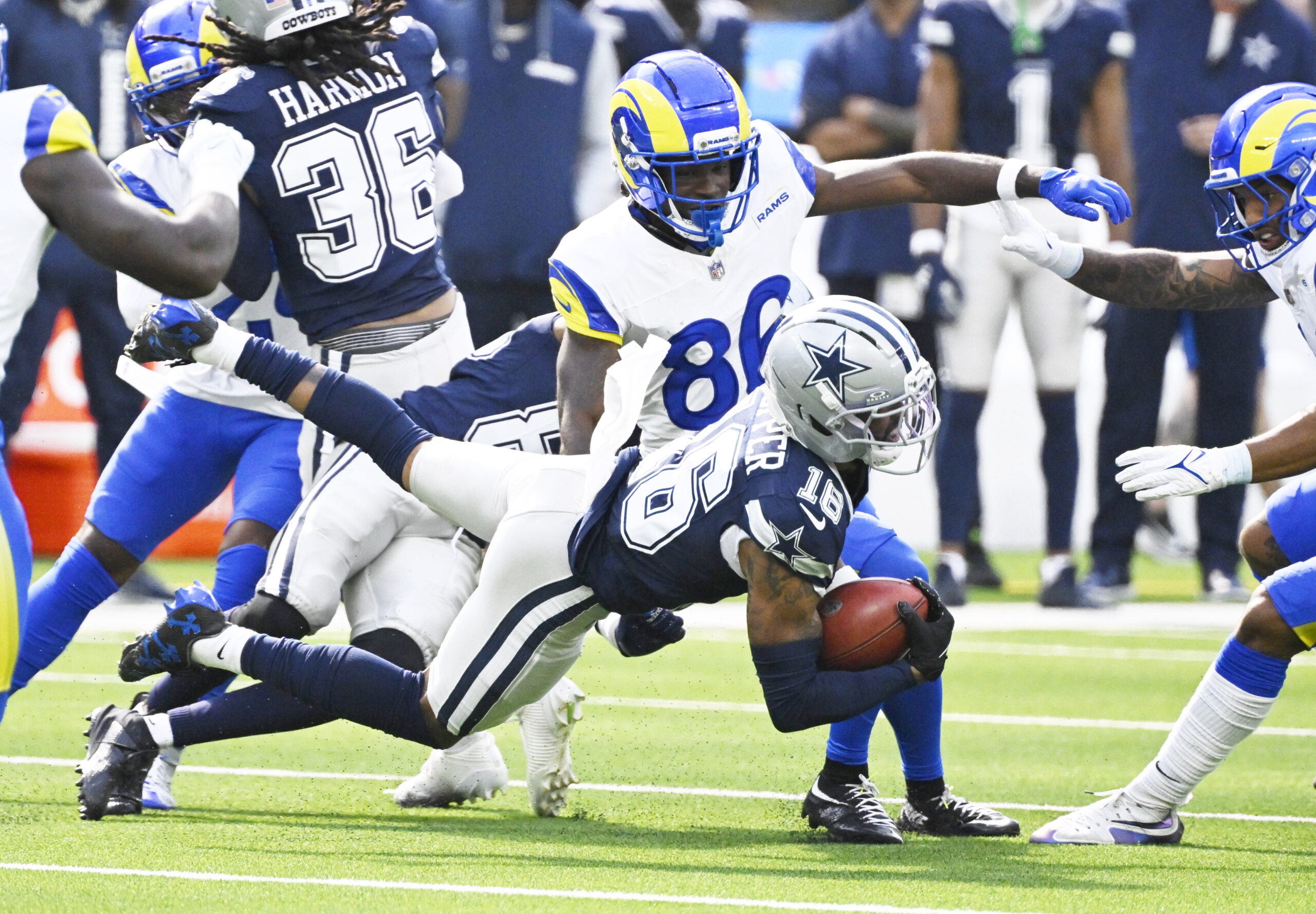 Wide receiver Jalen Cropper #16 of the Dallas Cowboys catches...