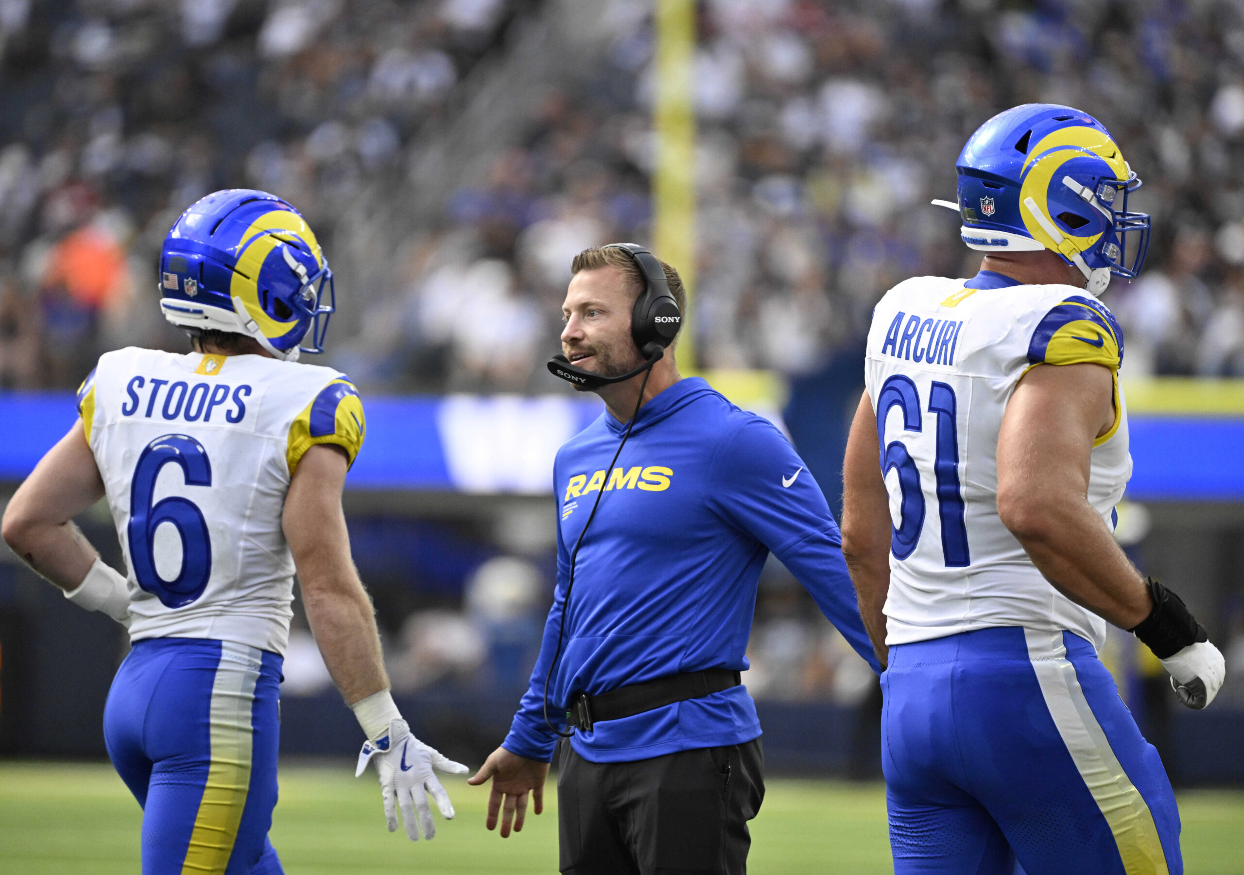 Head coach Sean McVay of the Rams reacts after a...