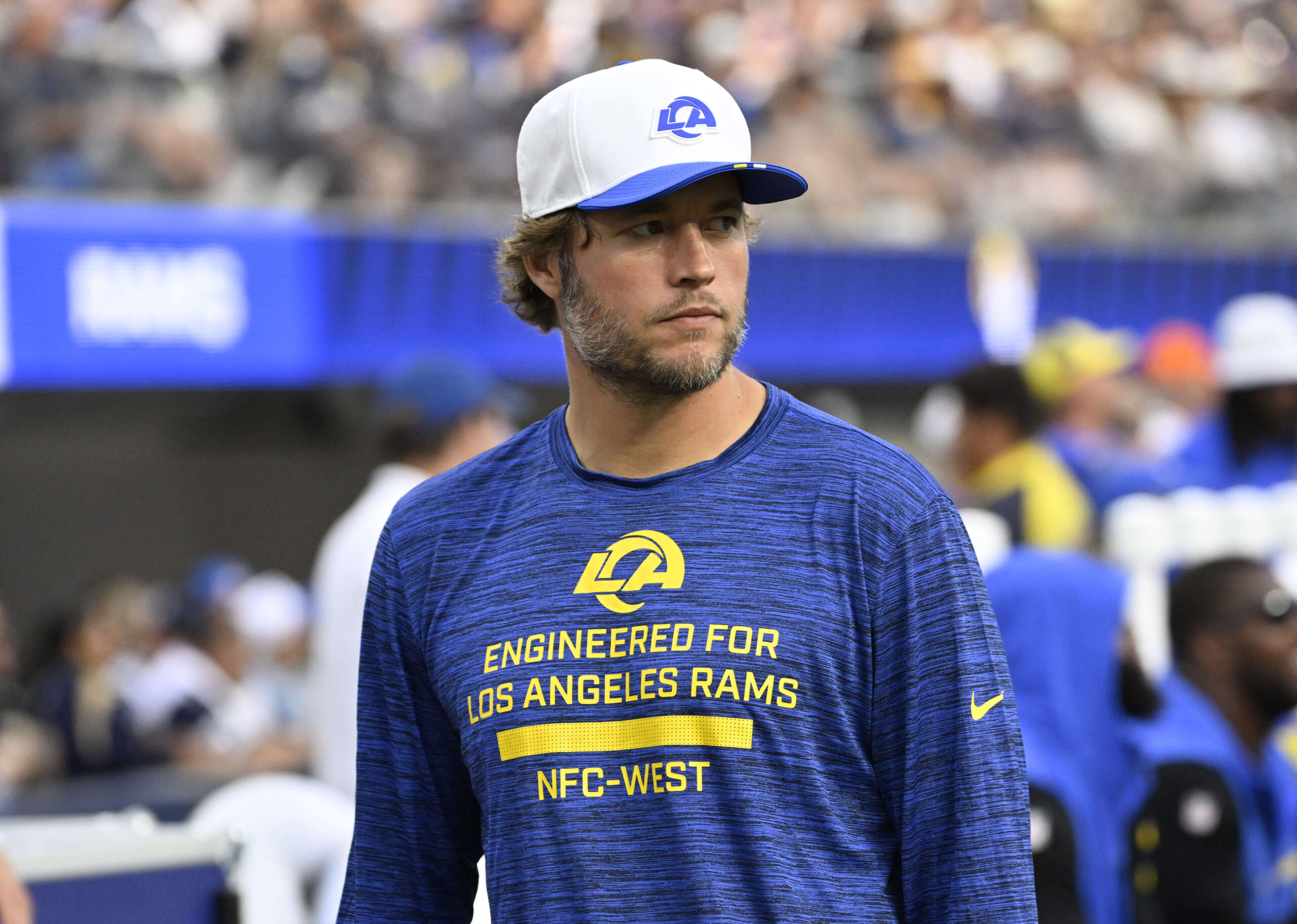 Quarterback Matthew Stafford #9 of the Rams in the first...