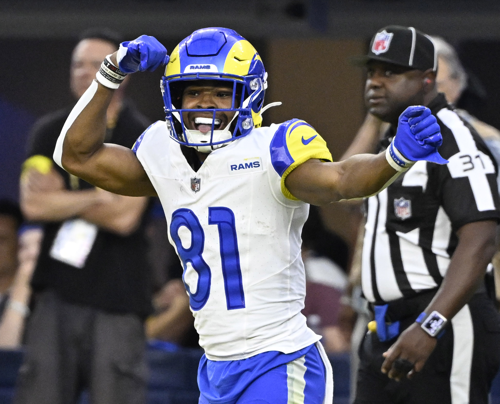 Wide receiver Brennan Presley #81 of the Rams rects after...