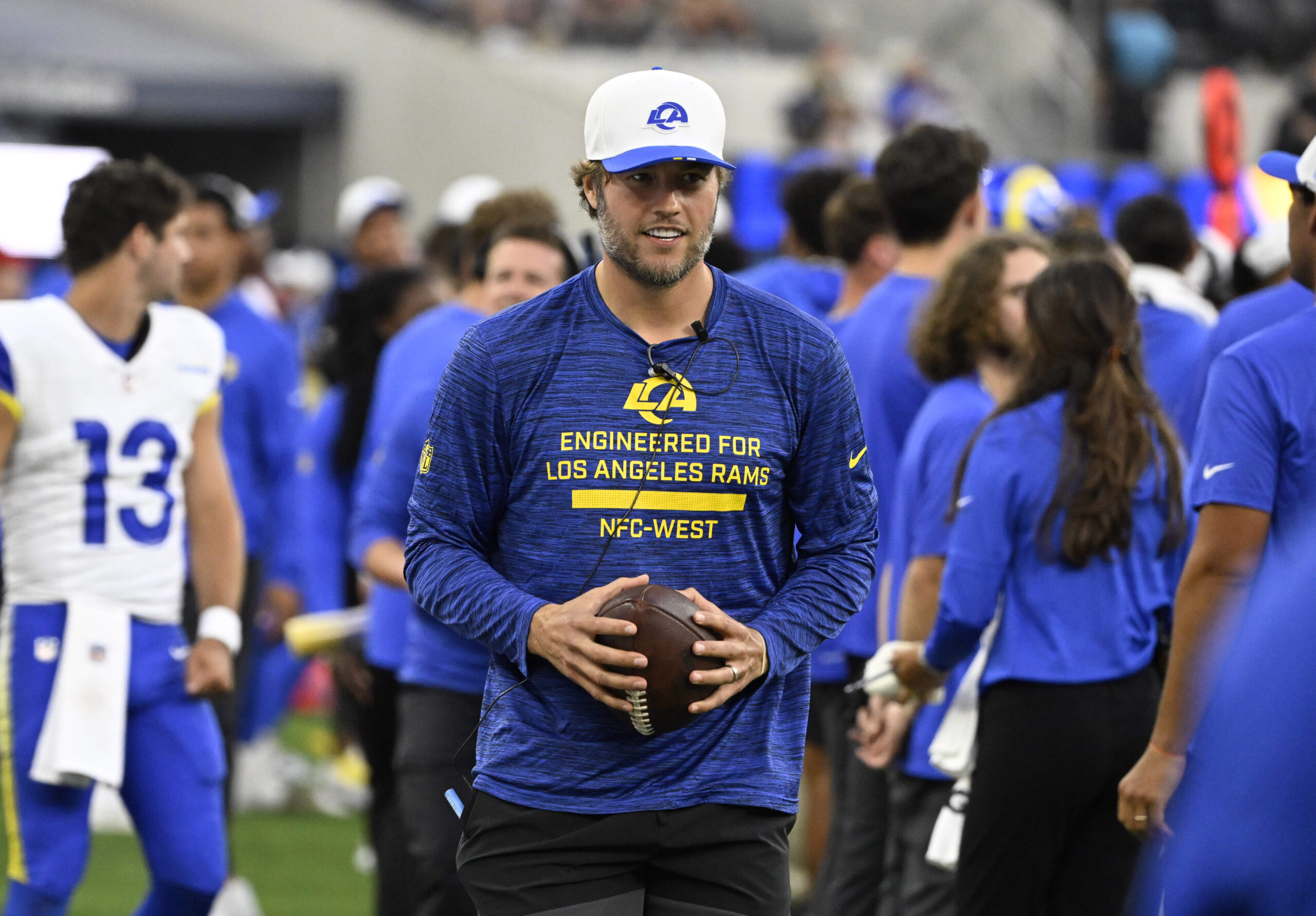 Quarterback Matthew Stafford #9 of the Rams in the second...
