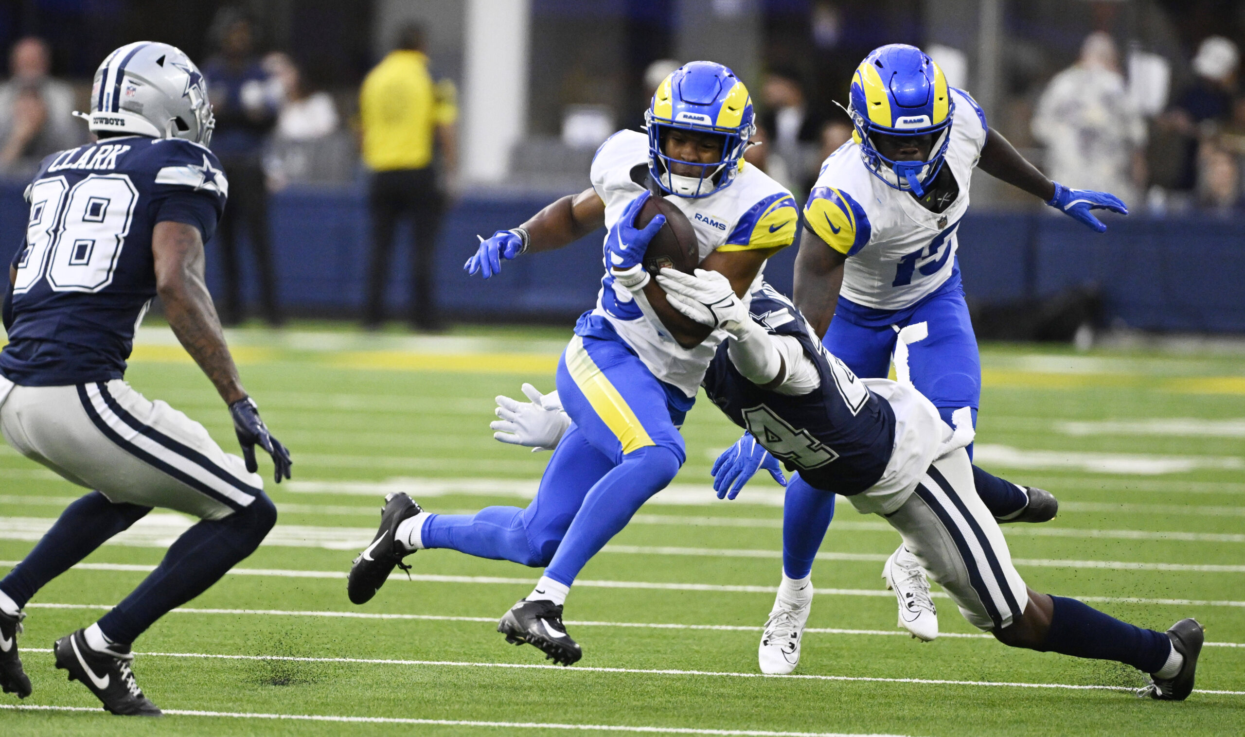 Wide receiver Brennan Presley #81 of the Rams catches a...