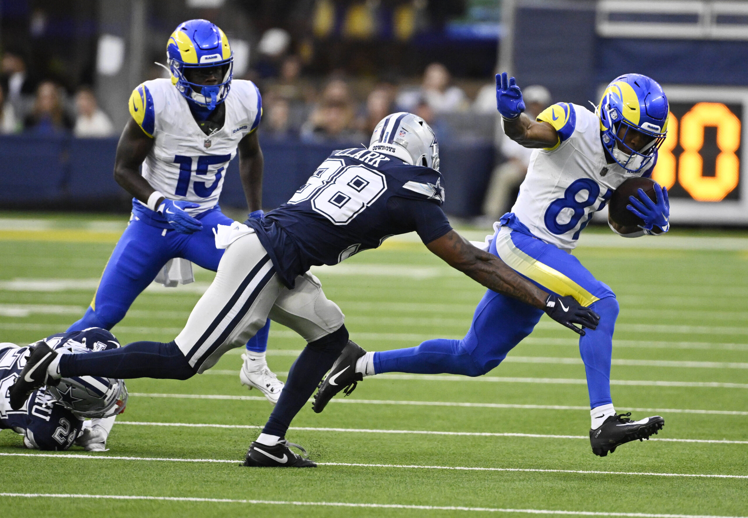 Wide receiver Brennan Presley #81 of the Rams catches a...