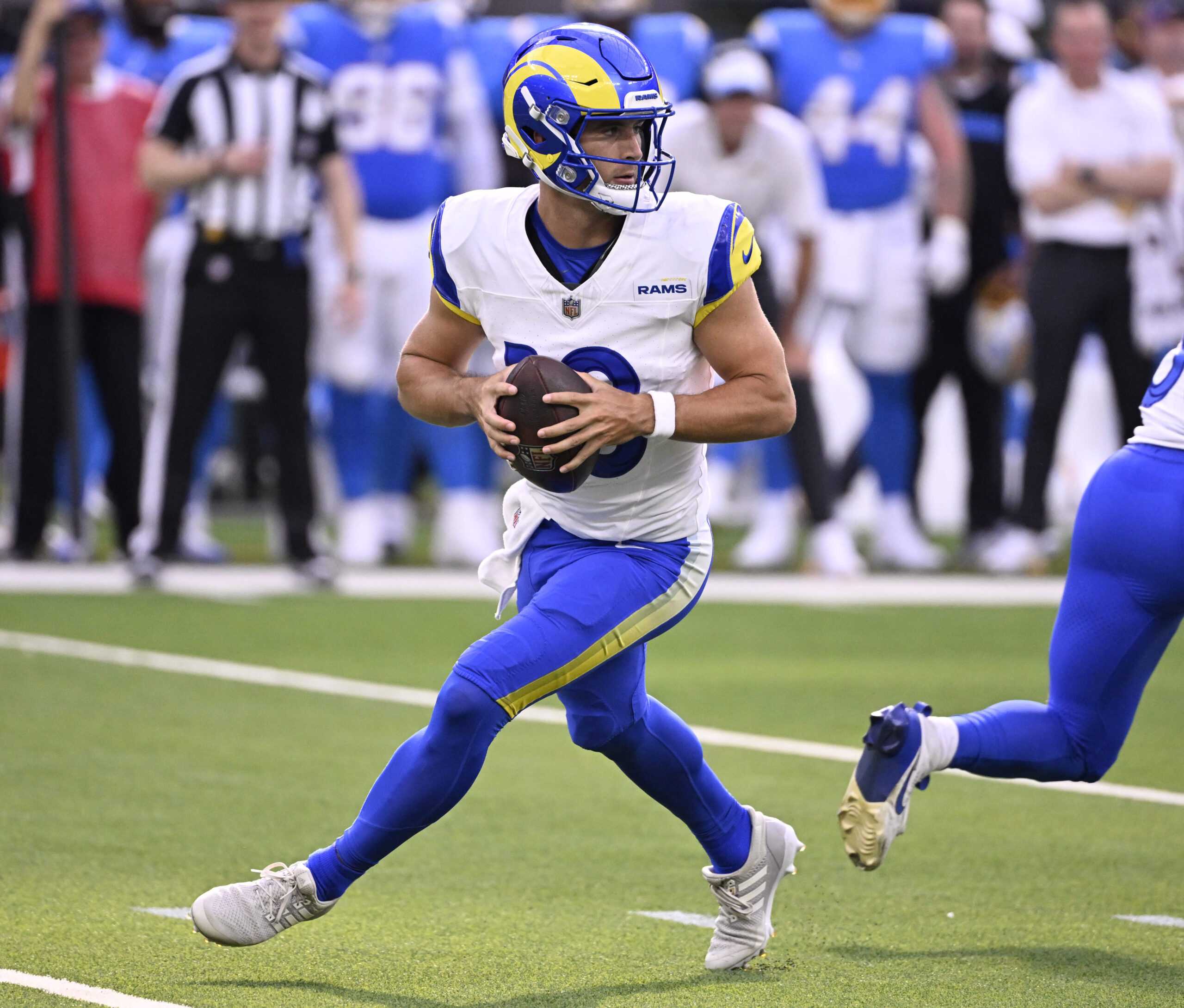 Quarterback Stetson Bennett IV #13 of the Los Angeles Rams...