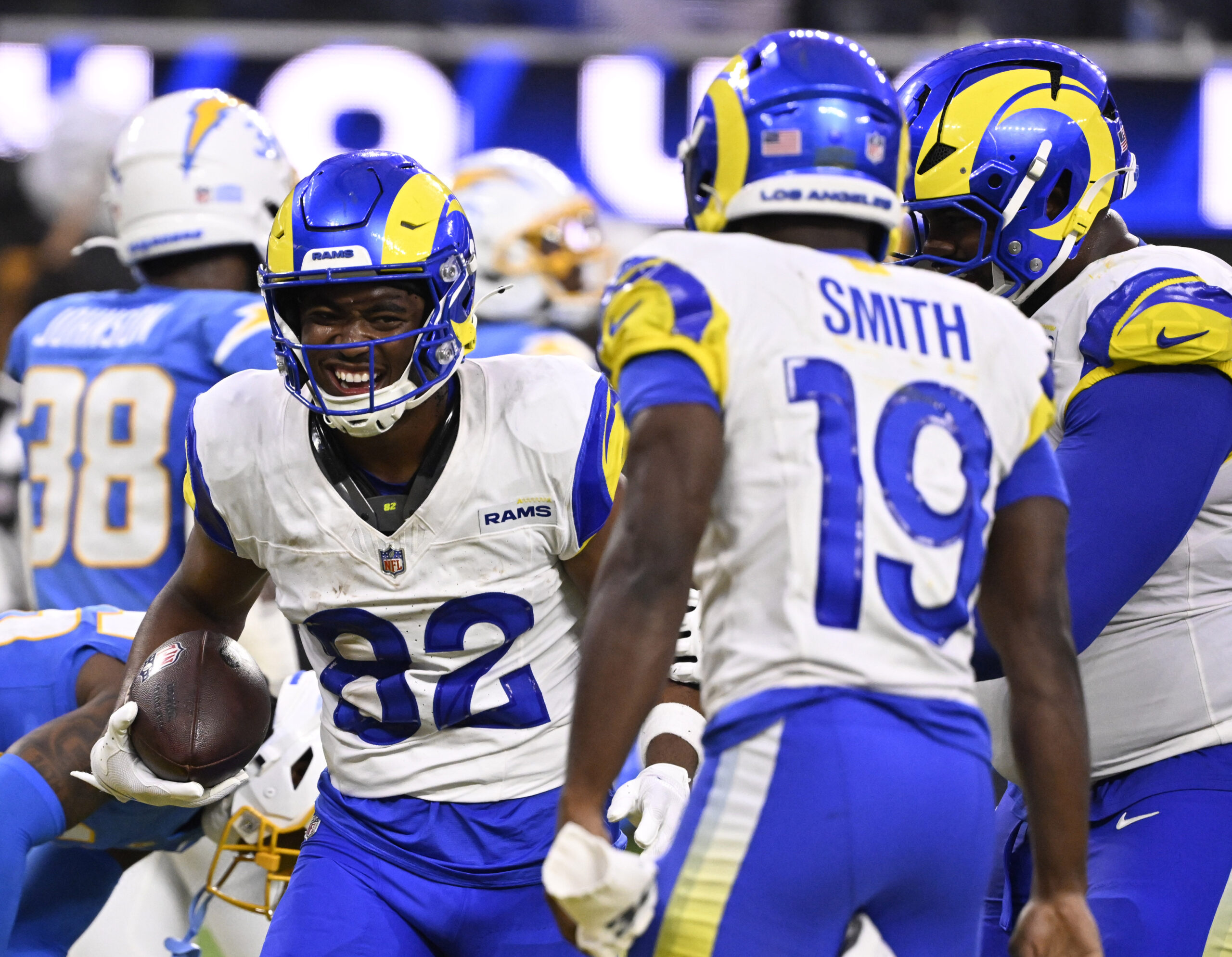 Wide receiver Tru Edwards #82 of the Rams reacts after...