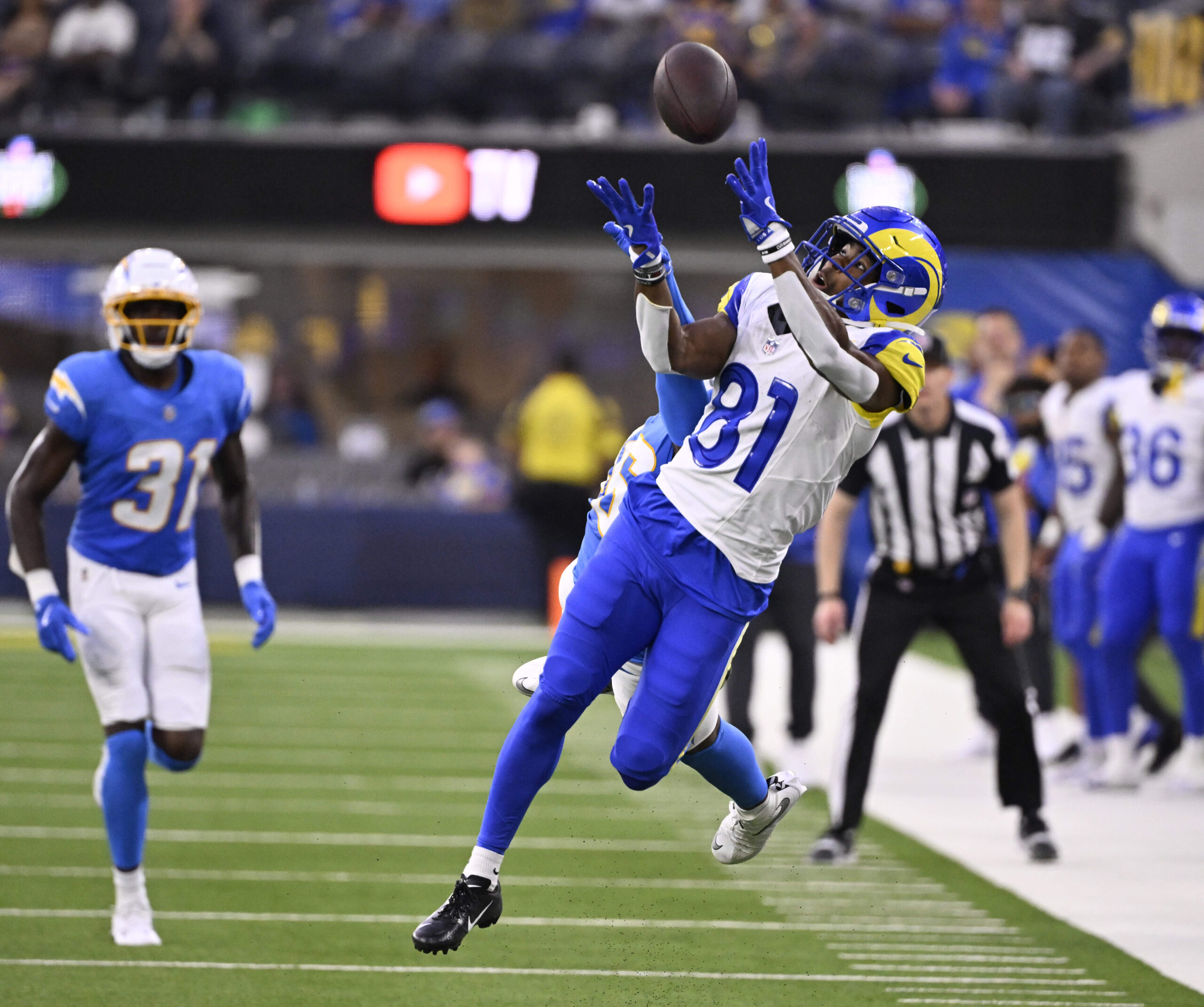 Wide receiver Brennan Presley #81 of the Rams drops a...