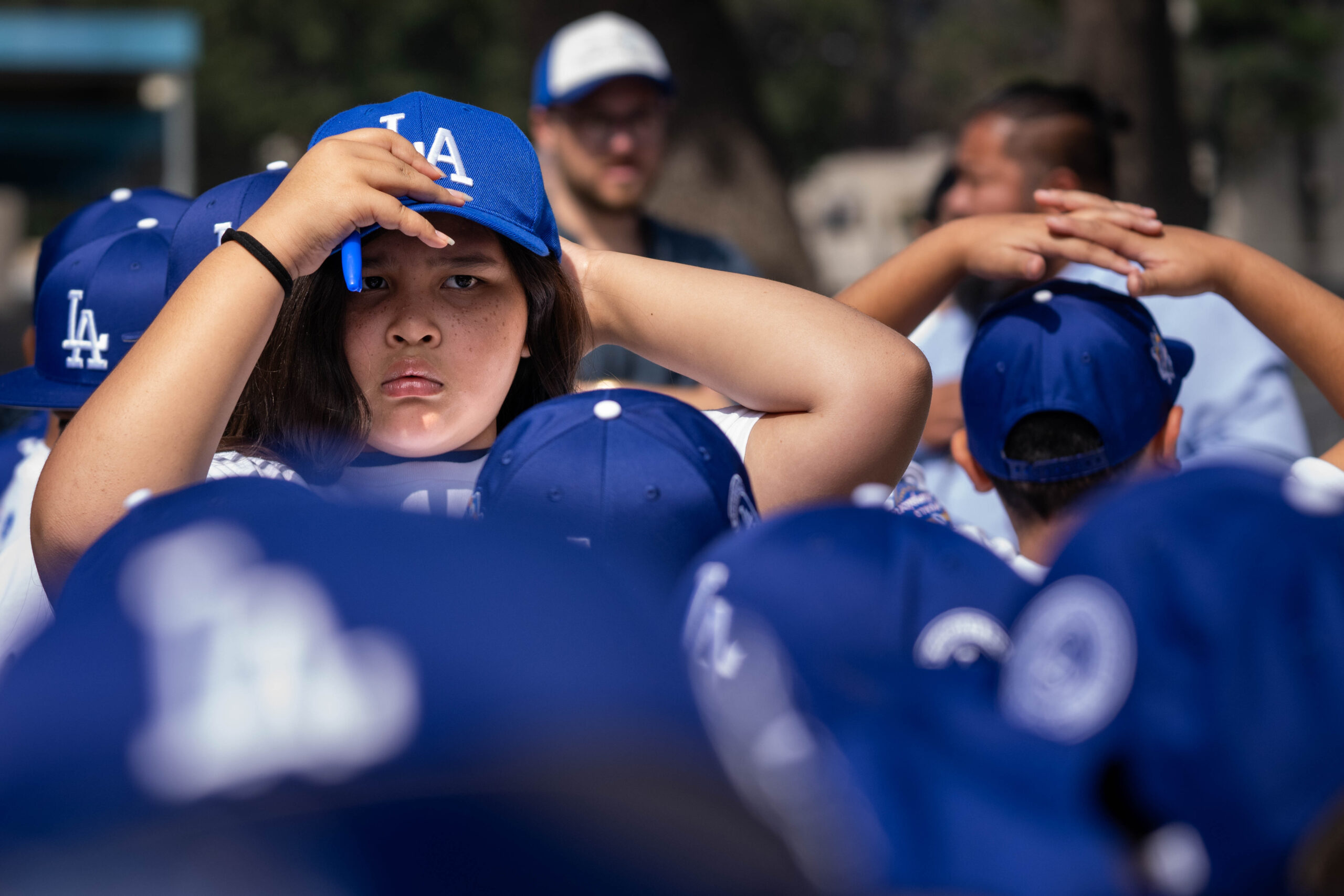 Students head into an assembly to meet Los Angeles Dodgers...