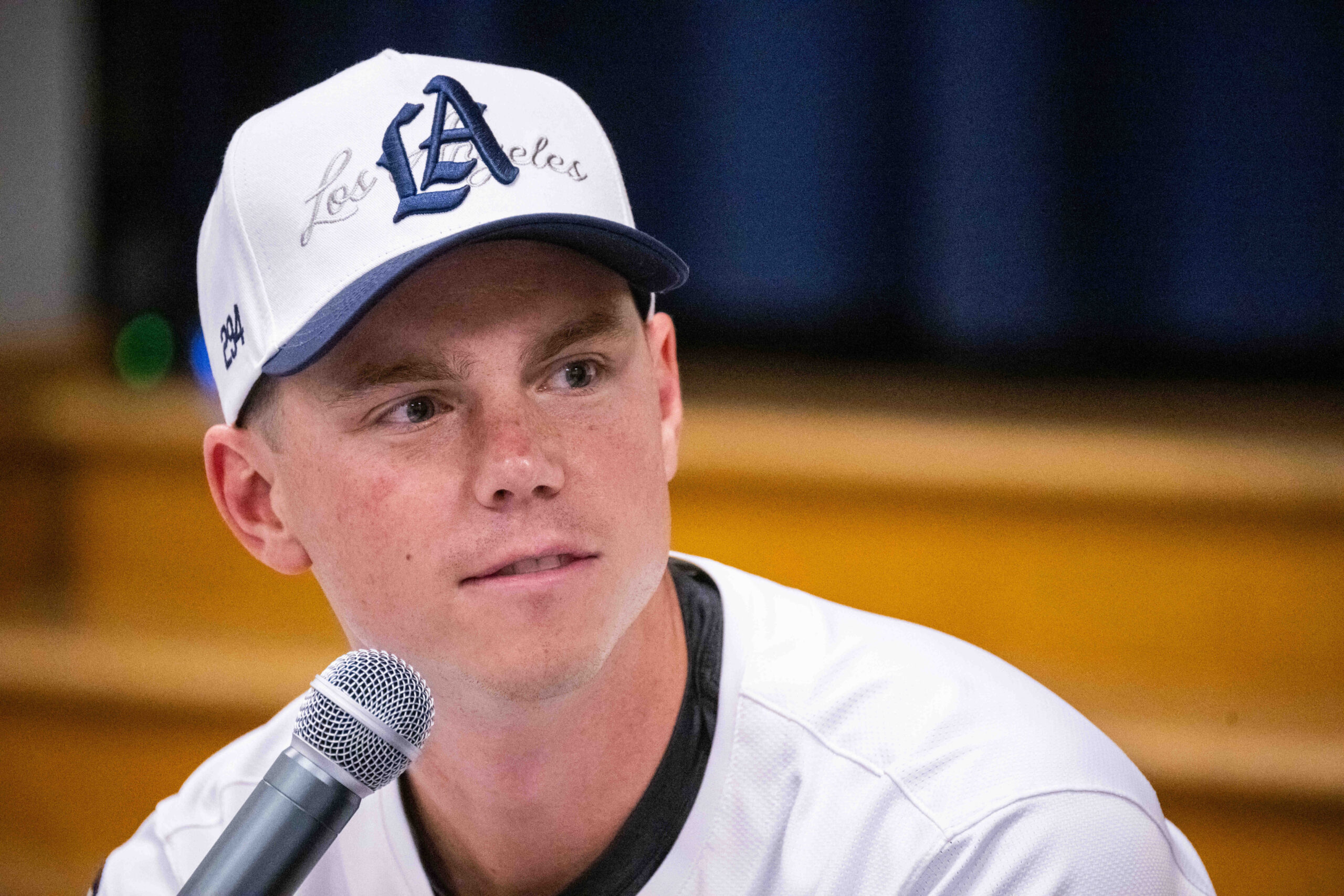 Los Angeles Dodgers Catcher Will Smith takes questions from students...