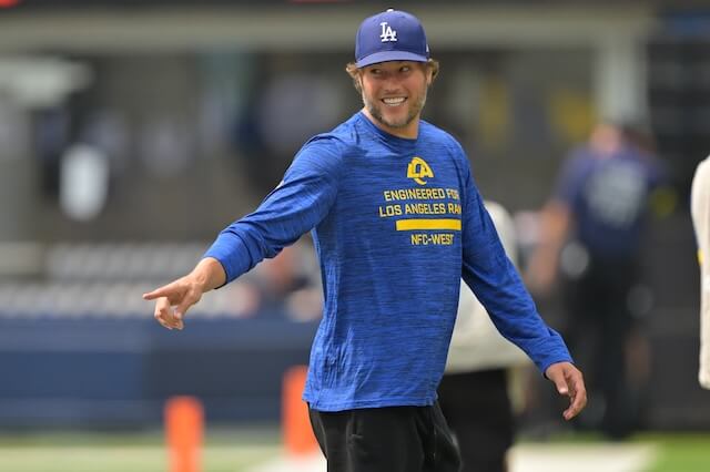 Aug 9, 2025; Inglewood, California, USA; Los Angeles Rams quarterback Matthew Stafford (9) walks on the field prior to the game against the Dallas Cowboys at SoFi Stadium. Mandatory Credit: Jayne Kamin-Oncea-Imagn Images Matthew Stafford, Rams