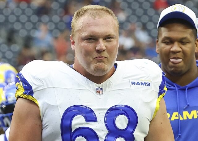 Aug 24, 2024; Houston, Texas, USA; Los Angeles Rams center Mike McAllister (68) before the game against the Houston Texans at NRG Stadium. Mandatory Credit: Troy Taormina-USA TODAY Sports Mike McAllister, Rams