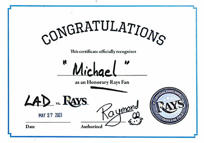 First Game Certificate. Tropicana Field.