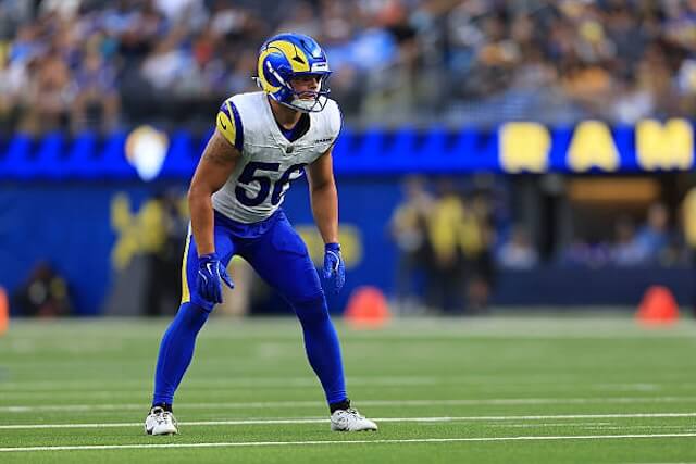 INGLEWOOD, CA - AUGUST 16: Los Angeles Rams linebacker Shaun Dolac (56) prepares for a play during a NFL preseason game between the Los Angeles Rams and the Los Angeles Chargers on August 16, 2025, at SoFi Stadium in Inglewood, CA. (Photo by Greg Fiore/Icon Sportswire via Getty Images) Shaun Dolac, Rams